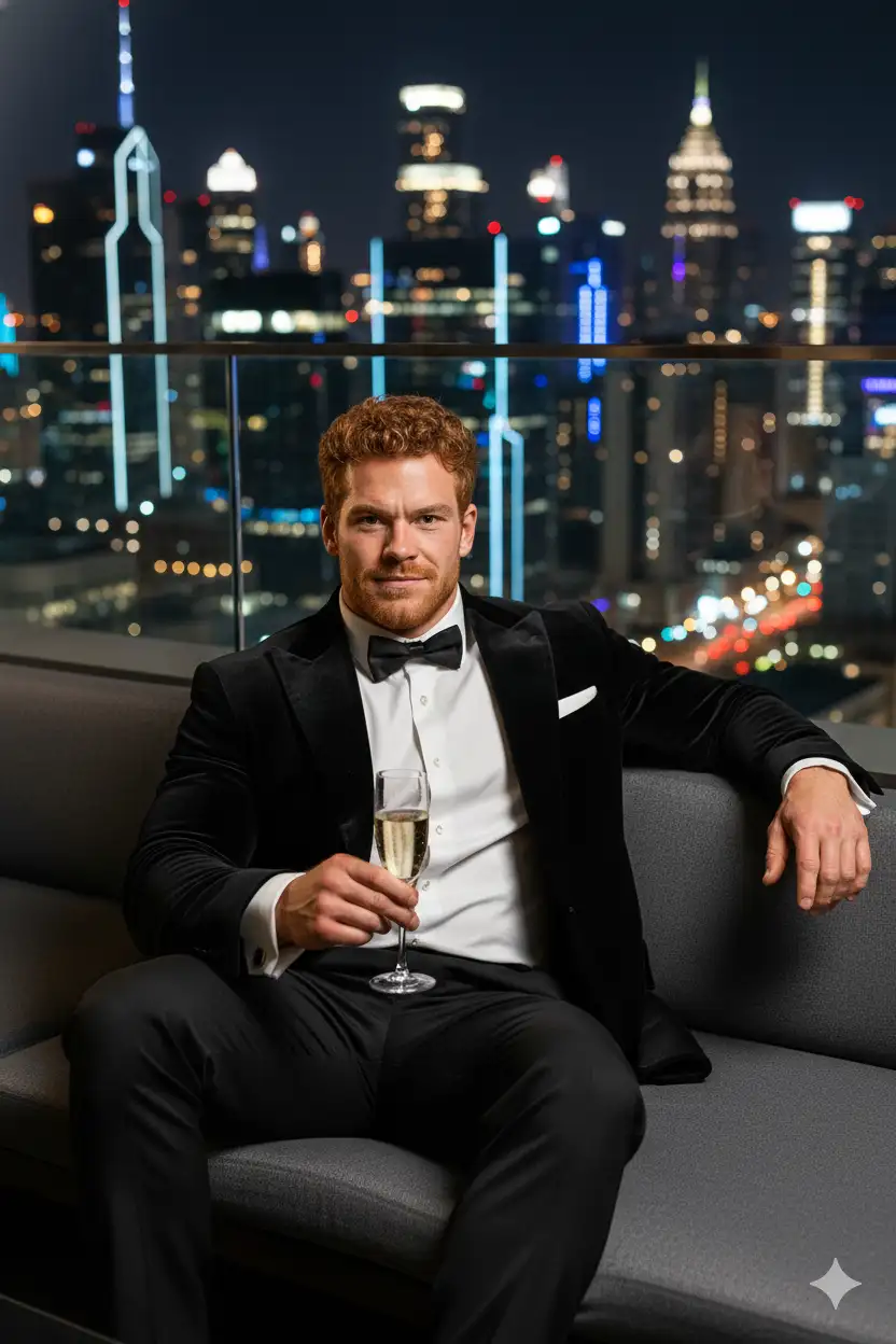 Convert this into a portrait of a man in an elegant tuxedo holding a glass of champagne, sitting casually on a luxury rooftop lounge with city skyscrapers glowing in the background. Add cinematic lighting for a high-class, Instagram-ready look.