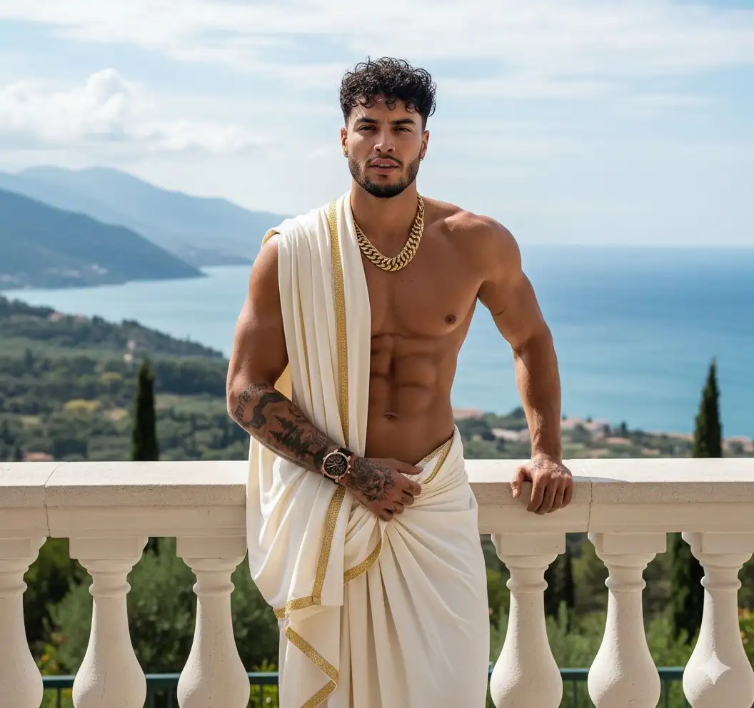 Use the attached photo of me as the face and body reference. A hyperrealistic with muscular man, and athletic physique. He possesses short, artfully disheveled curly black hair. He is partially clad in flowing, off-white and gold-trimmed toga-like drapery, elegantly revealing his perfectly defined chest, abdomen, and powerful shoulders. His left tattooed arm is gracefully bent at the elbow, while his right forearm casually rests on a meticulously carved white stone balustrade, adorned with classical architectural details and fluted columns. He wore a typical golden necklace
The background unfolds into a breathtaking, sun-drenched Mediterranean vista. A tranquil, cerulean blue sea stretches to the horizon under a vast, partly cloudy sky, where soft, wispy clouds drift lazily. Verdant, rolling hills cascade down to the coastline, dotted with slender, dark green cypress trees that punctuate the landscape. Majestic mountains loom in the distant haze, adding depth to the panoramic view. The scene is bathed in a bright, natural daylight, creating subtle shadows and highlights that accentuate the man's chiseled features and the rich textures of the environment.
This image is to be rendered with the precision and clarity of a professional photography shoot, captured with a RED Monstro 8K VV camera and a Zeiss Otus 85mm f/1.4 lens, utilizing natural softbox lighting. Emphasize ultra-realistic skin texture, individual strands of hair, intricate fabric folds with subtle sheen, and the nuanced play of light on both the subject and the landscape. Focus on extreme detail, from the pores on his skin to the minute carvings on the balustrade, ensuring a shallow depth of field that subtly blurs the background while keeping the subject in sharp, immaculate focus. The overall aesthetic should evoke classical beauty with a modern, high-definition sensibility, aiming for an award-winning editorial quality