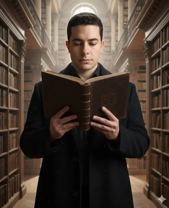 con mi foto Genera un retrato cinematográfico fotorrealista en formato 1:1, con calidad 4K real, apariencia de objeto físico auténtico y posterior fotografiado con etalonaje cinematográfico tipo película IMAX. El sujeto masculino debe conservar el 100% de su fisionomía real, manteniendo intactos rasgos faciales, proporciones óseas, estructura facial, expresión concentrada y volumen corporal, con una integración perfecta entre el rostro, la iluminación y el entorno. La piel debe mostrar textura real con poros visibles, micro imperfecciones naturales, variaciones tonales sutiles y reflejos especulares orgánicos, sin suavizado artificial, sin apariencia digital, sin ruido sintético ni efecto CGI perceptible. El comportamiento de la luz debe seguir estrictamente principios físicos reales, con profundidad óptica auténtica y resultado completamente indistinguible de una fotografía real.
El hombre se encuentra de pie en el centro de una biblioteca monumental de arquitectura clásica, sosteniendo un libro antiguo abierto frente a su rostro, concentrado en la lectura. El libro presenta tapas de cuero envejecido con textura visible, cantos ligeramente desgastados, micro rayones perceptibles solo al acercarse y un símbolo celta grabado en relieve con reflejos irregulares. El vestuario del sujeto es sobrio y elegante, con un abrigo largo y negro de tejido grueso, caída natural del material, fibras visibles, micro pliegues reales y respuesta física correcta a la gravedad y al movimiento. Debajo, la ropa mantiene
coherencia cromática y material, con telas mates que absorben la luz de forma natural y realista.
La biblioteca está compuesta por estanterías altas de madera maciza a ambos lados, repletas de libros antiguos con lomos de cuero, telas y papel envejecido, cada uno con variaciones sutiles de color, desgaste, relieve y brillo. La madera muestra vetas profundas, micro imperfecciones, zonas pulidas por el uso y ligeras irregularidades en los reflejos. La arquitectura presenta arcos de piedra, columnas talladas y balcones superiores, con textura mineral realista, porosidad visible, erosión leve y acumulación de polvo en rincones y molduras.
La iluminación entra desde ventanas altas ubicadas en la parte superior del recinto, creando haces de luz volumétrica que atraviesan el aire y revelan ligeras motas de polvo suspendidas. La luz es suave pero direccional, con contraste controlado, sombras físicas coherentes y una atmósfera solemne, silenciosa y atemporal. El primer plano frente al sujeto mantiene profundidad óptica realista, con transición natural de enfoque, mientras el fondo conserva nitidez progresiva acorde a una lente cinematográfica profesional.
La escena debe incluir siempre ligeras motas de polvo flotando en el aire, micro rayones visibles solo al acercarse en superficies de madera, cuero y metal, y sutiles irregularidades en todos los reflejos para reforzar el realismo físico absoluto. La composición debe transmitir una sensación de conocimiento, misterio y grandeza arquitectónica, con un lenguaje visual cinematográfico, orgánico y tangible.
El resultado final debe ser una imagen completamente fotorrealista, 100% humana, sin apariencia digital, sin efectos artificiales, con comportamiento físico real de la luz y los materiales, logrando una escena que se perciba como una fotografía cinematográfica real tomada con una cámara profesional de alto nivel, en una locación auténtica y cargada de atmósfera.