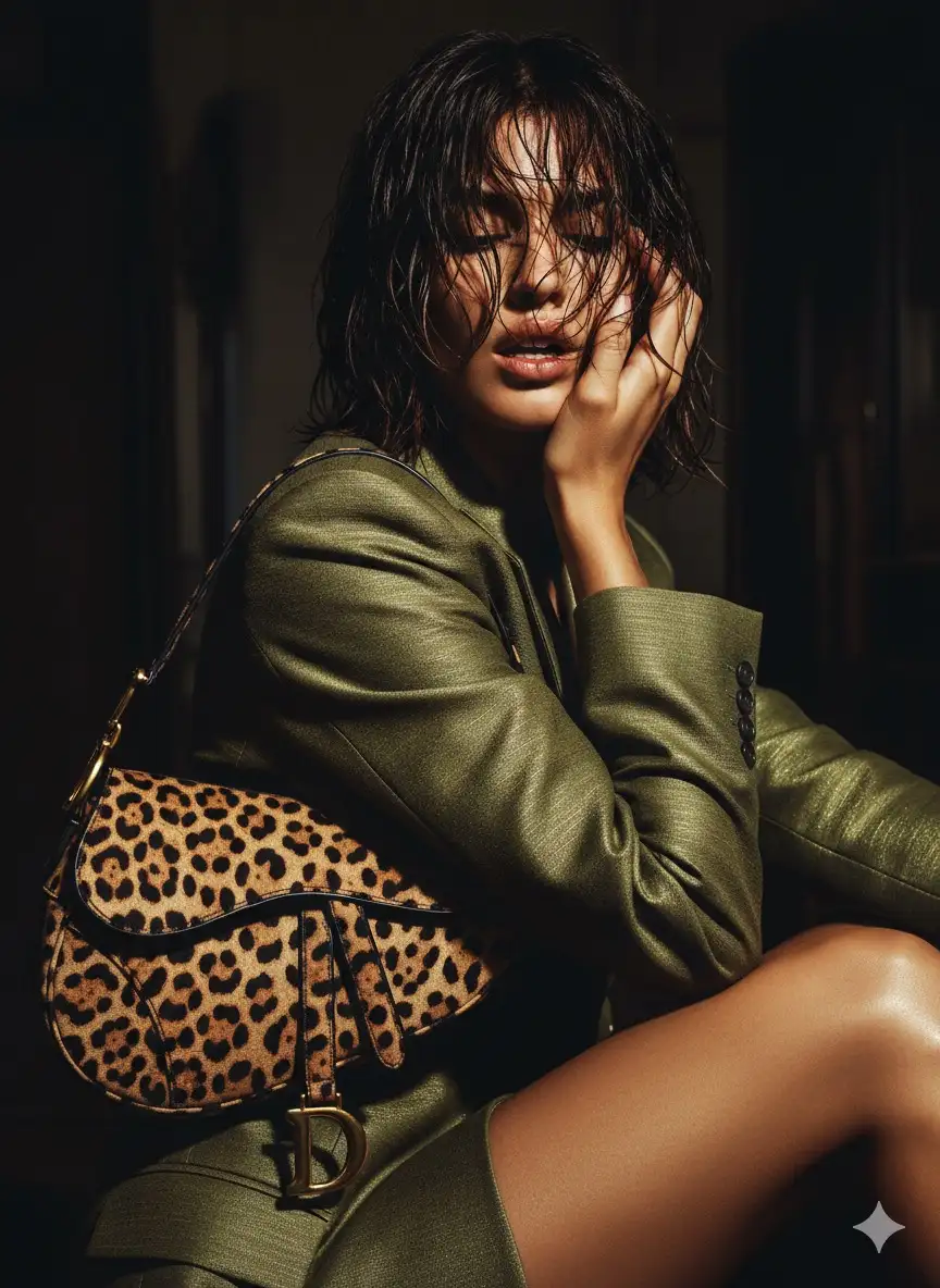 Take a photograph of a sultry, high-fashion Dior advertisement with a bold, sensual energy. The model is partially obscured, her face tilted downward with strands of wet, tousled hair falling across her features. Her lips are slightly parted, teeth grazing her hand in a gesture that feels both intimate and provocative.

She wears a textured olive-green jacket, rich in detail, its glossy finish catching the light. Draped across her shoulder is the iconic Dior saddle bag, here in a bold leopard print pattern with luxurious textures and metallic accents, including the signature gold “D” charm. The animal print amplifies the ad’s untamed, glamorous feel.

Her bronzed skin glows under the lighting, accentuating the smoothness of her leg, which is prominently framed against the darker shadows of the background. The play of shadows and highlights creates a moody, high-contrast effect typical of early-2000s luxury campaigns.

The palette is rich and decadent—earthy greens, golden browns, deep shadows, and luminous skin tones—evoking opulence, seduction, and power. The photograph is heavily stylized, almost cinematic, radiating Y2K-era hedonism and glossy editorial allure. Don’t change facial features. Size 9:16