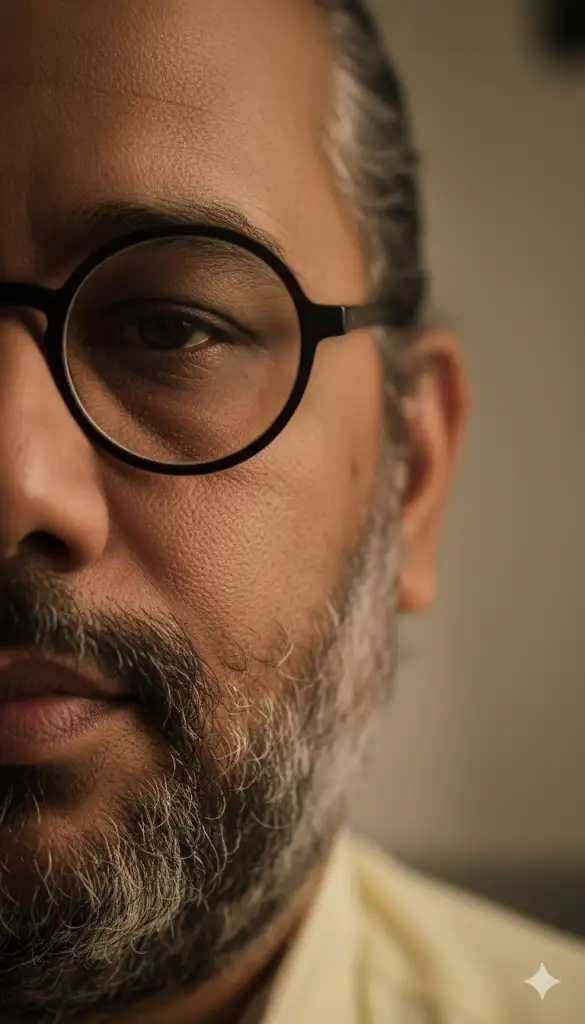 Retrato en primerísimo plano del lado izquierdo del rostro de un hombre, enfoque nítido en la textura de la piel y los poros, iluminación hiperrealista, imperfecciones naturales, detalles de alta definición, sombras suaves, tonos de piel realistas, profundidad de campo cinematográfica --ar 9:16 --