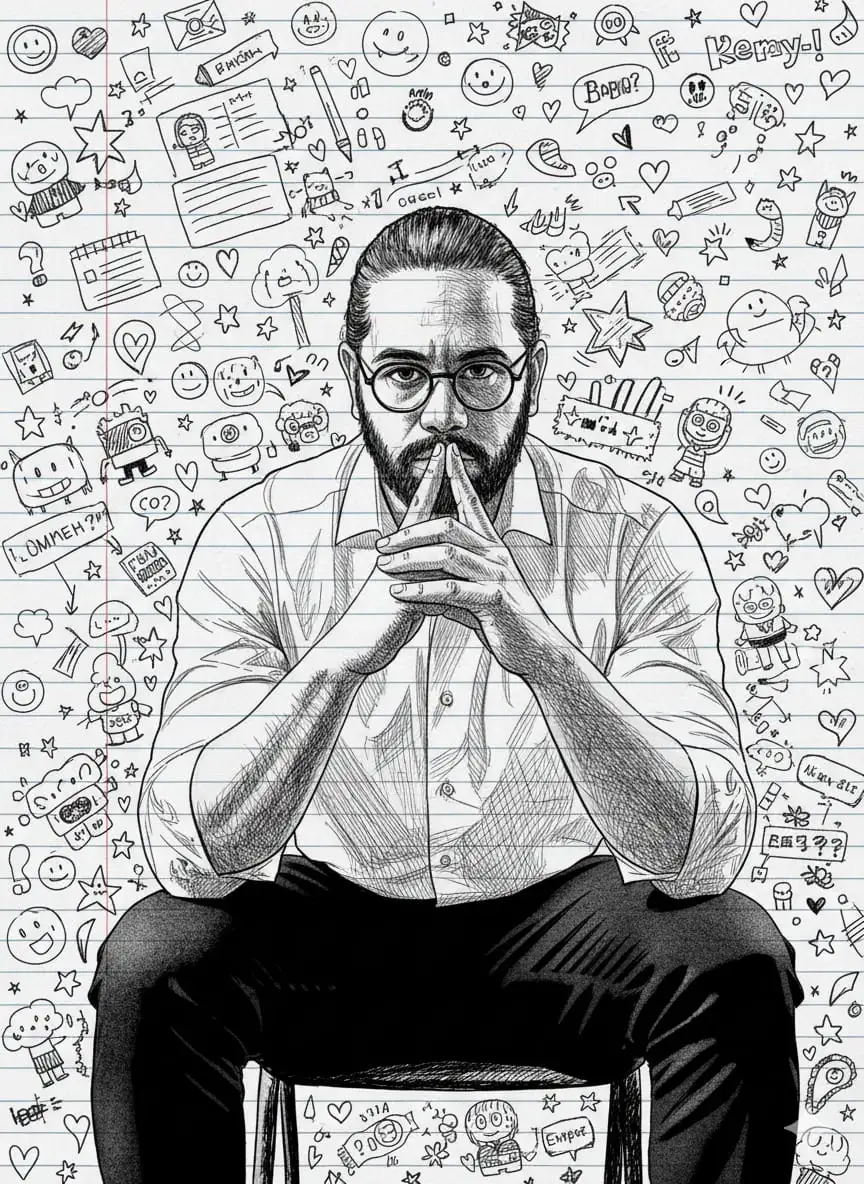 Un joven (la foto del personaje adjunta es 100 % fiel, sin cambios en sus rasgos faciales) sobre un fondo de papel rayado. es un boceto detallado en blanco y negro, estilo manga/cómic. El lado esbozado incluye garabatos como estrellas, corazones, caras sonrientes y pequeñas figuras de dibujos animados.