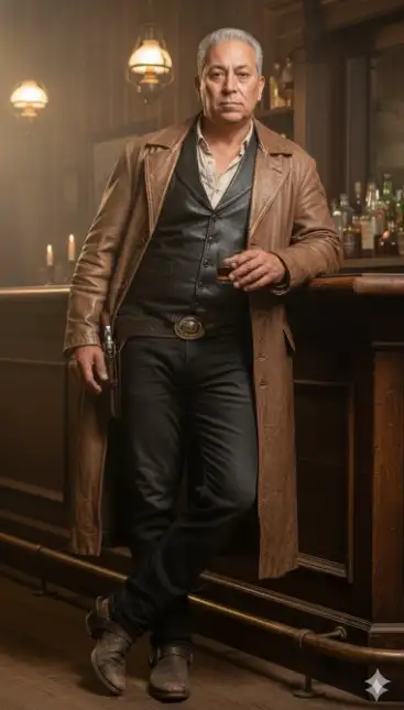 Retrato completo con mi foto del rostro de un hombre con complexión atlética. El diseño debe ser de un hombre de aspecto rudo y encantador, vestido al estilo de un pistolero del Viejo Oeste, recostado con aire relajado en la barra de un bar rústico de madera antigua. Sostiene un vaso de whisky en una mano y apoya la otra en la barra. Su semblante es serio y seguro, con una expresión intensa y una mirada fija. Rasgos masculinos bien definidos.

Viste una camisa clara, de aspecto antiguo y entreabierta, un chaleco de cuero negro desgastado, vaqueros negros desteñidos y una chaqueta larga de cuero marrón, abierta y desgastada, con aspecto polvoriento. Toda la ropa le queda muy ajustada. Lleva un cinturón grueso con una hebilla metálica ornamentada. Una funda con un revólver aparece en un lateral del aparador. Las botas de cuero tienen un aspecto desgastado, con arrugas y polvo acumulado. El ambiente evoca un salón del Lejano Oeste, iluminado por una luz tenue y constante proveniente de lámparas y velas, creando un contraste entre las zonas de sombra y los reflejos dorados en las botellas de cristal alineadas tras el mostrador. El fondo muestra paredes de madera oscura, botellas antiguas y una atmósfera ahumada que sugiere el aroma del tabaco y el whisky.

La iluminación es cinematográfica, al estilo de Rembrandt, con suaves focos laterales que resaltan las texturas del cuero, el sutil brillo del metal y la expresión del personaje. Una ligera neblina o polvo suspendido se percibe iluminado por los cálidos haces de luz.

El ángulo de la cámara es ligeramente bajo, a ras de suelo (desde la rodilla hacia arriba), lo que refuerza la grandeza y la actitud relajada del personaje. La poca profundidad de campo mantiene al hombre enfocado con nitidez y el fondo ligeramente desenfocado.

Fotografiado con un objetivo de 50 mm f/1.8 con resolución 8K ultrarrealista, con un estilo cinematográfico western dramático, de tonos cálidos, terrosos y alto contraste. La textura de la piel, la ropa y la madera está sumamente detallada, con una luz que refleja sutilmente las telas y los metales.

Estilo visual: realismo cinematográfico, con atmósfera de película del oeste.