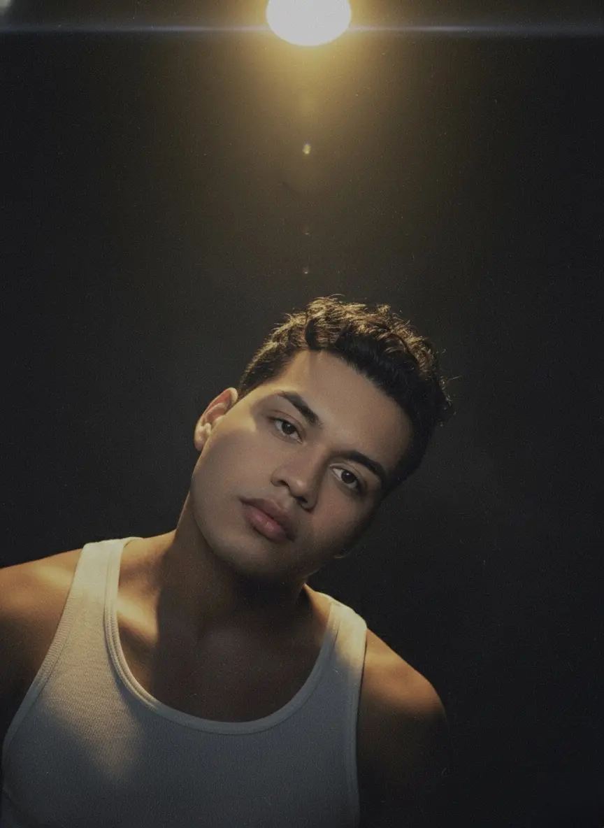 A 100% faithful and realistic cinematic portrait of the man from the last uploaded photo (dark jacket, black turtleneck). THE FACE MUST NOT BE ALTERED; keep his exact eye shape, nose structure, lip thickness, and natural facial contours without any AI enhancement. He is placed in the aesthetic of the Ariana Grande image: wearing a white sleeveless tank top, with his head tilted at the same angle. The lighting is a dramatic warm golden spotlight from above and behind, casting a rim light on his curly hair and shoulders, while leaving his face in soft, moody, natural shadows. In the dark background on the right, the text 'no podemos ser amigos pero de vez en cuando me gusta fingir que lo somos' - ariana grande is written in a clean, thin white font. High-end professional photography style, 8k resolution, authentic skin textures."}"