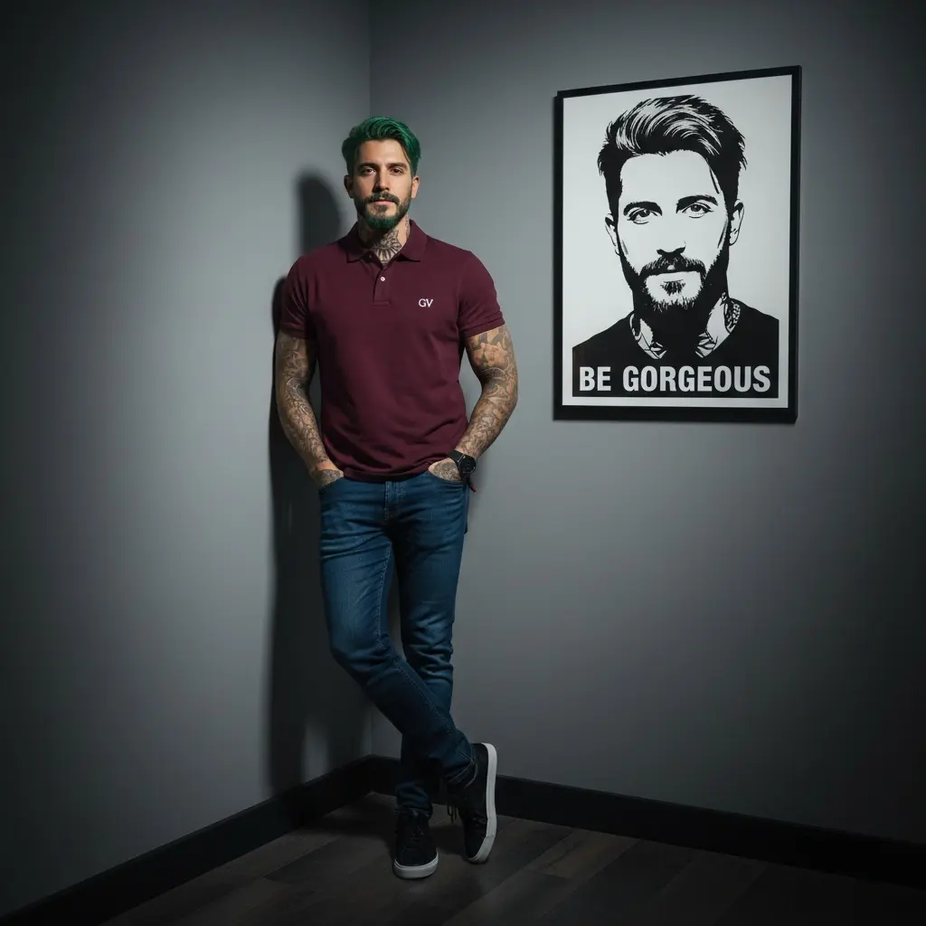 Manteniendo el rostro original y sin cambiar nada del rostro ni del peinado, crea una imagen **ultrarrealista de cuerpo completo** de un **hombre de unos 35 años**, con una **estatura de 190 cm** y un **peso de 70 kg**.
Su expresión es **segura y tranquila**, mirando directamente a la cámara.
El hombre está **apoyado casualmente contra la pared** en la esquina de una habitación minimalista. Su **pierna derecha está cruzada frente a la izquierda**, y **ambas manos están metidas en los bolsillos del pantalón**.
Viste un **polo de manga corta color burdeos** con un **pequeño logotipo blanco “GV”** en el lado izquierdo del pecho. Lleva también **vaqueros slim-fit azul oscuro** y **zapatillas negras casuales** con **suela blanca**. En la **muñeca izquierda** se ve un **reloj negro**.
El **fondo** es un **interior moderno**, con **paredes gris mate** y **suelo de madera oscura** con **zócalos a juego**. En la pared a su derecha cuelga una **gran obra de arte enmarcada en negro fino**.
La obra es una **ilustración del propio rostro del hombre**, en **estilo gráfico blanco y negro** (tipo stencil o retrato vectorial), con la inscripción **"BE GORGEOUS"** en letras mayúsculas en la parte inferior.
**Especificaciones técnicas de la fotografía:**
* **Estilo:** Fotografía profesional de retrato, cinematográfica, nítida y con gran nivel de detalle (hiperrealista).
* **Iluminación:** Iluminación dramática con alto contraste (estilo *chiaroscuro*).
  Una **fuente principal de luz dura** proviene de la **parte superior izquierda**, creando un **efecto de foco** sobre el hombre y la pared detrás de él.
  Esta luz **ilumina fuertemente el lado izquierdo** de su rostro y cuerpo, generando **una sombra profunda y definida** en su lado derecho.
* **Ángulo de toma:** A la altura de los ojos (*eye-level*), mostrando **todo el cuerpo**.
  La **composición está equilibrada**, con el **sujeto a la izquierda** y la **obra de arte a la derecha**.
* **Paleta de color:** Paleta **controlada y fría**, dominada por **grises, negros y azul oscuro**, con la **camisa burdeos** como **único acento fuerte y llamativo**.
* **Calidad:** Resolución **8K**, **ultrarrealista**, con **detalles nítidos** en las **texturas de la ropa, la piel y el cabello**.