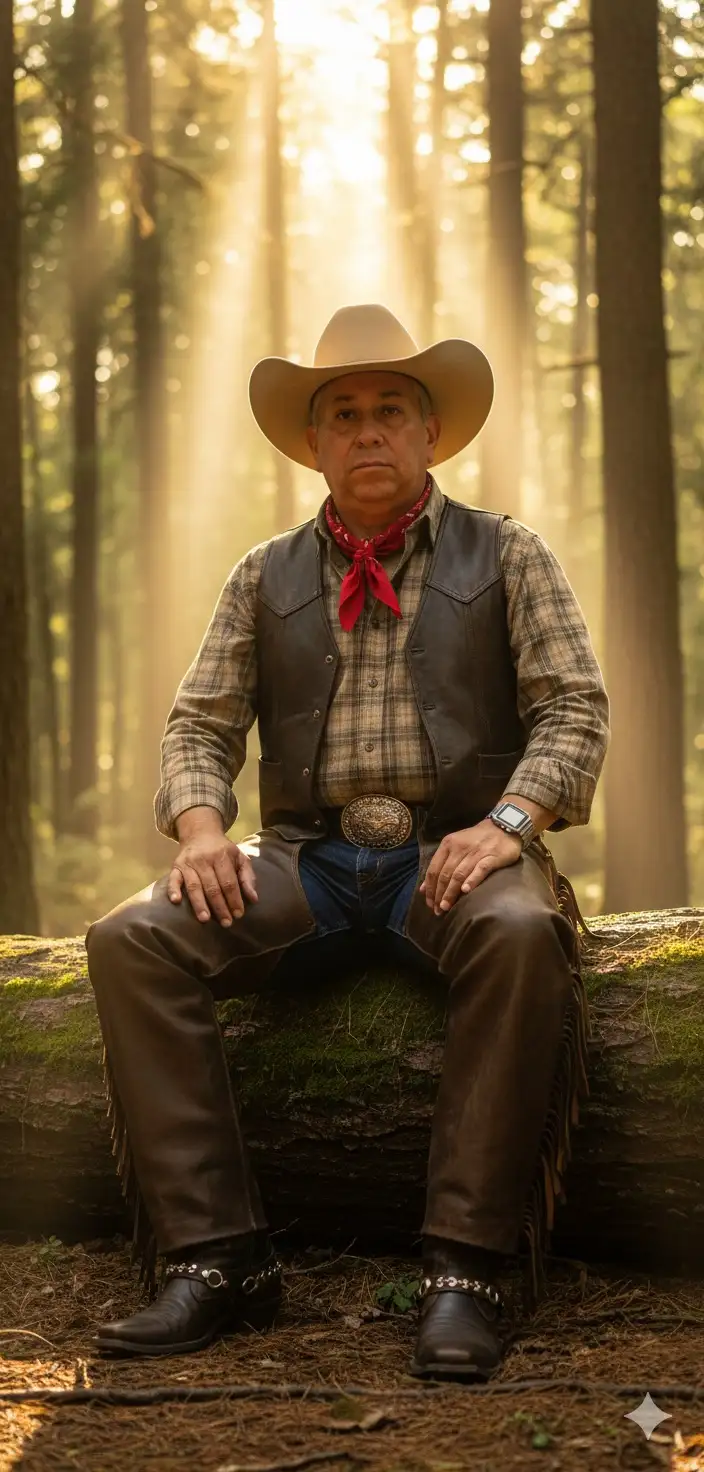 [Tu foto/La persona de la imagen de referencia] es el sujeto, con una expresión seria y directa, mirando a la cámara con una pose relajada pero segura. Su vestimenta es una interpretación rústica y detallada del atuendo de vaquero: un sombrero cowboy de fieltro marrón claro (color tan), una camisa de cuadros (o a cuadros sutiles) en tonos tierra, un chaleco de cuero marrón oscuro sobre la camisa, chaparajos de cuero marrón con flecos visibles en los lados sobre unos jeans azul oscuro, un cinturón grueso con una gran hebilla plateada de estilo occidental, botas de cuero marrón oscuro con herrajes de estilo vaquero, y un pañuelo anudado al cuello. Un detalle moderno es un reloj digital o inteligente plateado en su muñeca izquierda.
El hombre está sentado sobre un tronco cubierto de musgo en un bosque o arboleda. El fondo es un bosque denso con árboles altos y follaje borroso, sugiriendo una poca profundidad de campo (bokeh) que centra la atención en el sujeto. La iluminación es cinematográfica y atmosférica, con luz cálida y dorada filtrándose intensamente desde la parte superior entre los árboles, creando rayos de sol visibles (god rays) que envuelven al hombre y el entorno en una neblina etérea. La imagen tiene un estilo fotorrealista y de alta calidad, con texturas muy detalladas en el cuero y la naturaleza circundante.