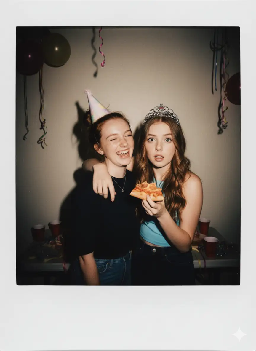 Generate a Polaroid photo of two people in an intimate group shot, maintaining facial consistency. The photo has a slight blur effect, taken indoors with flash,{as if just after a party, with the two people in an intimate yet funny pose.}