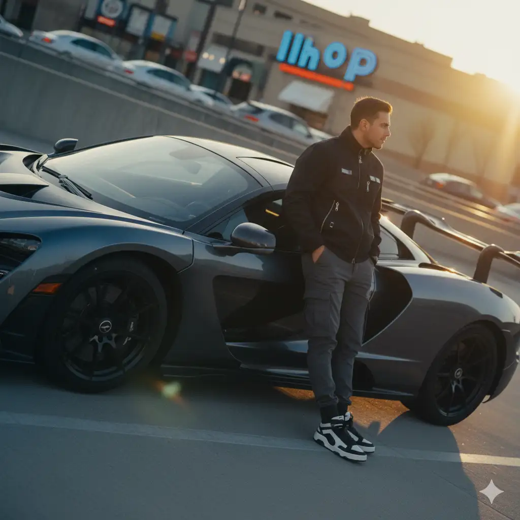 Cinematic, grainy iPhone photo taken at golden hour. A person is leaning against the side of a sleek, metallic McLaren Senna in an urban parking lot. They're dressed in a modern black techwear jacket, charcoal-gray cargo pants, and stylish high-top sneakers. Their pose is relaxed, with one hand in a pocket and a casual glance towards the camera. The shot is tilted and slightly off-center, as if taken spontaneously by a friend. The low sun casts a warm glow, creating a slight lens flare and making the car's finish gleam. In the background, the blurred lights of other cars and a faint IHOP sign add depth to the atmosphere. Emphasize natural imperfections and a shallow depth of field to make the subject stand out. The mood is effortlessly cool and authentic, not staged. 4:3 landscape orientation.