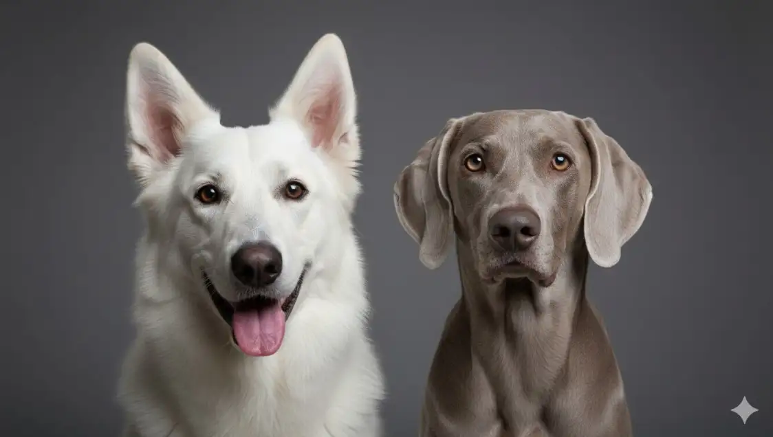 Crea un retrato de estudio hiperrealista de mis perros basándote en la imagen real subida. Usa un fondo gris intenso e iluminación profesional enfocada en la cara del los perros, como en una foto de estudio divertida o dinámica. El pelaje debe verse suave y detallado, con reflejos en los ojos y sombras sutiles para añadir profundidad. Mantén un encuadre preciso alrededor de la cabeza y la parte superior del pecho. El ambiente general debe ser alegre, de alto contraste y visualmente impactante. Incluye un suave efecto de foco en la cara y mantén el fondo completamente gris.