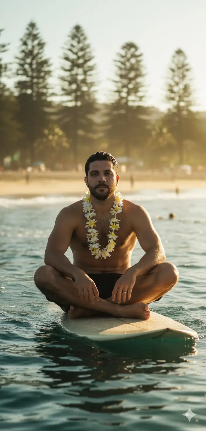 Eres un editor profesional y tienes que hacer este retrato usando de modelo al sujeto de la foto. Crear un marco vertical - tamaño 2160x3840 píxeles (calidad 4K)
Un retrato cinematográfico de un joven atlético sentado en una tabla de surf, con un collar de Hawái el sujeto tiene el pelo mojado. La atmósfera es temperamental y etérea la hora sería a las 3 de la tarde con mucho sol y la playa con mucho ambiente. La persona está sentada en la tabla en el mar posando sin playera para la foto, dando una postura tranquila. Profundidad de campo poco profunda con pinos de gran tamaño al fondo, textura de alto detalle en la capa, capturada con una lente DSLR profesional con luz natural suave.
Disparada con una lente de 50 mm. t/1 .4 para una profundidad de campo poco profunda, la foto combina una nitidez editorial nítida con un bokeh cremoso. La gradación de color se inclina hacia azulados profundos y cálidos tonos de sol con un sutil grano de película añadido para la profundidad cinematográfica.