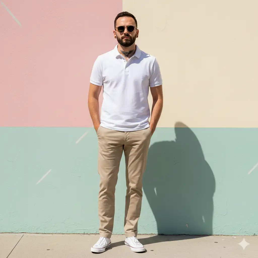 Transform this into a portrait of a man in casual summer fashion — white polo shirt, beige chinos, sunglasses — standing against a pastel-colored building wall with strong daylight and a modern, minimal aesthetic.