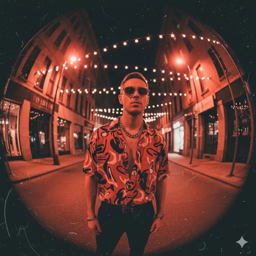 A vertical 9:16 high-resolution 8K vintage-style flash photograph of a stylish white man standing confidently on a nighttime city street, captured with dramatic fisheye lens distortion. The image includes subtle grain, light film scratches, and analog texture effects for a nostalgic yet editorial feel. He wears an abstract red shirt with bold, expressive artistic patterns, partially unbuttoned to reveal his confident, edgy demeanor. Chunky metallic jewelry and fashionable sunglasses add to his striking streetwear aesthetic.
The city backdrop is softly transformed by cozy home party vibes red ambient lighting, delicate string lights hanging above, and a warm, intimate atmosphere that blends festivity with the urban night setting. Skin texture is flawless, lighting is dramatic with soft shadows and lens flash reflections. No distortions, no anatomical flaws. Image must be generated entirely based on the uploaded photo, maintaining all the characteristics of the main character.