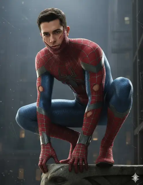 Retrato cinematográfico ultrarrealista de un héroe en combate. Crea una escena dramática en un entorno urbano nocturno y brumoso, evocando una calle trasera de Nueva York después de una intensa batalla. El héroe masculino (basado en la imagen adjunta) viste el icónico traje rojo y azul de Spider-Man, visiblemente desgastado y rasgado.

El traje presenta un patrón de telarañas altamente detallado y tridimensional que se extiende por toda la superficie, con un brillo sutil en los hilos que enfatiza su diseño intrincado. El símbolo plateado de la araña en el pecho es prominentemente visible. Las zonas rasgadas del traje revelan una capa interior deshilachada con bordes dentados y fibras expuestas, mostrando un desgaste realista y creíble. La superficie del traje tiene un acabado brillante y resistente, con ricos matices de rojo y azul que reaccionan de forma dinámica a la luz ambiental.

El fondo está oscurecido por el efecto de niebla urbana y arañazos sutiles, que añaden profundidad y una sensación de desolación.

El héroe adopta una pose dinámica y decidida, mirando hacia adelante y ligeramente hacia abajo (entre 30 y 45 grados respecto a la cámara), transmitiendo una intensa concentración y enfoque. La iluminación dramática, con focos cenitales y laterales intensos, resalta poderosamente los contornos de su musculatura, el rostro parcialmente visible y las texturas desgastadas del traje.

El rostro del héroe, visible bajo la máscara rota, muestra una tensión palpable y determinación. Su piel tiene texturas naturales, con poros sutiles y una ligera humedad, y un acabado fibrosos. La atmósfera general es de melancolía, resistencia y preparación para el próximo desafío. Ultra realista, detalles nítidos, iluminación cinematográfica, calidad 8K."

Principales cambios y mejoras:

Se eliminó la parte duplicada sobre la ropa que no correspondía con el tema de Spider-Man.

Se reforzaron las palabras clave "ultrarrealista" y "cinematográfico" al principio.

Se cohesionaron las descripciones de las texturas del traje para que fluyan mejor.

Se enfatizó la "niebla urbana" como elemento clave del fondo.

Se consolidó la descripción de la iluminación para un mayor impacto.

Se añadió "acabado fibroso" al rostro para complementar el realismo del traje y la tensión.
