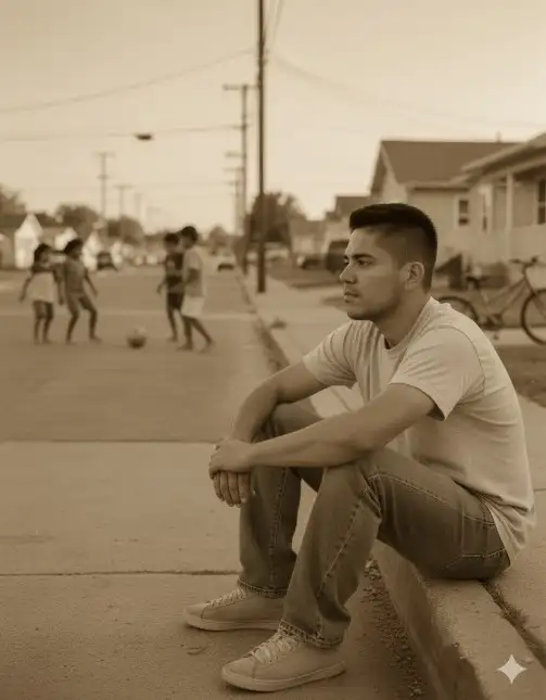 [Estilo: fotografía callejera nostálgica de los años 90 | realismo vintage | tono cinematográfico] [sujeto: joven idéntico a la foto de referencia, misma estructura facial, tono de piel, expresión y peinado] [pose: sentado en un bordillo de la acera, codos apoyados en las rodillas, mirando a lo lejos] [expresión: nostálgica, reflexiva, mirada suave como si recordara días de infancia] [escena: tranquila calle suburbana en los años 90, cálida luz del atardecer] [fondo: un pequeño grupo de niños jugando al fútbol en la calle, descalzos, pelota vieja, risas en la distancia] [ambiente: pavimento agrietado, casas descoloridas con pintura vieja, cables eléctricos, bicicletas estacionadas] [iluminación: suave resplandor dorado del atardecer mezclado con tonos de filtro sepia] [tono de color: sepia envejecido, ligeramente desaturado, textura de grano de película ligera, viñeta sutil] [ambiente: nostálgico, pacífico, emotivo, momento cinematográfico congelado en el tiempo] [ropa: estilo casual de los 90, camisa clara sencilla, jeans ligeramente desgastados, zapatillas neutrales] [composición: plano medio, enfoque en el joven mientras aparece el partido de fútbol [Suavemente borroso en el fondo] [cámara: apariencia de lente de 50 mm, poca profundidad de campo, estética de película analógica]
