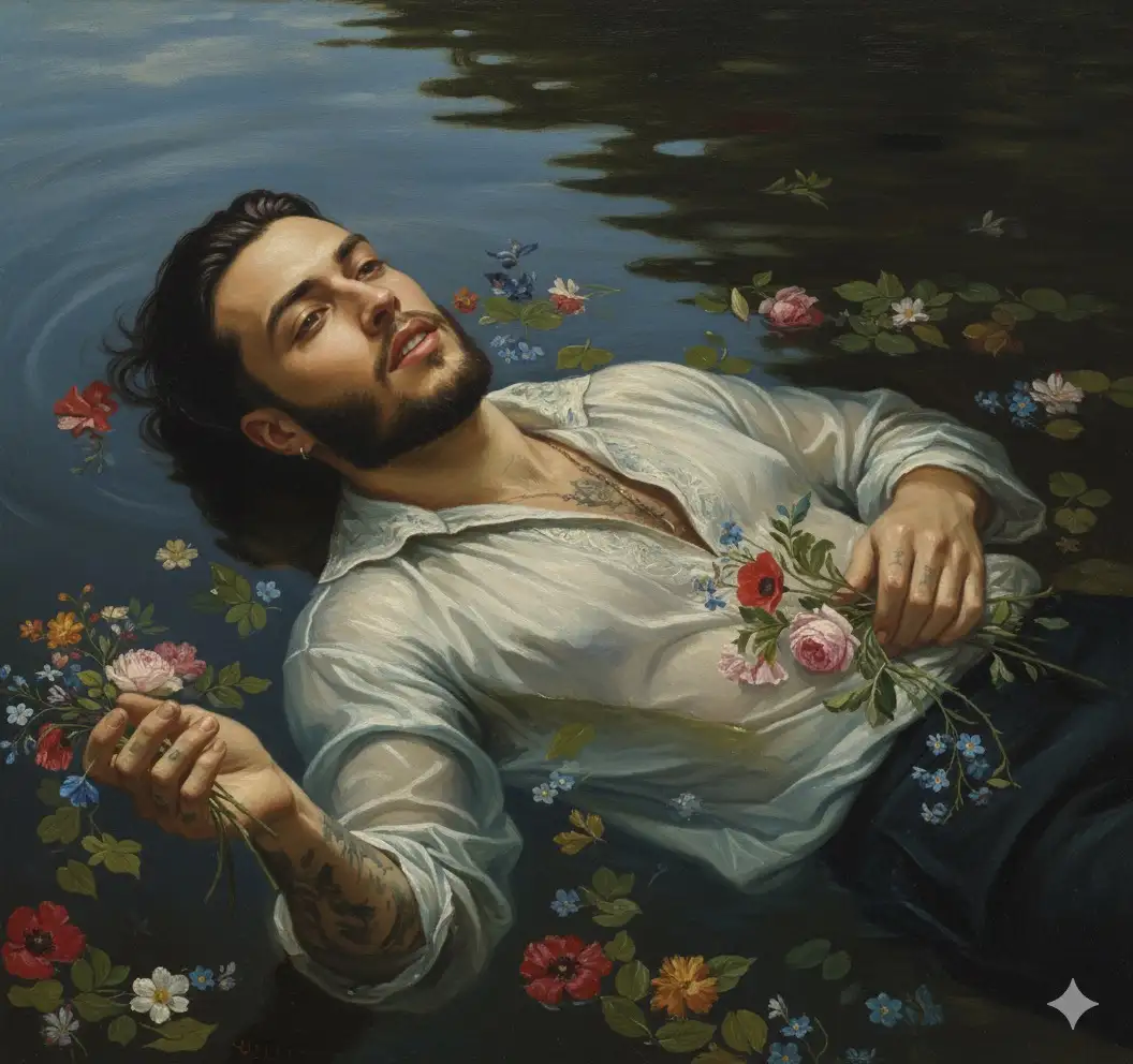 Edit my photo to look like the painting Ophelia by John Everett Millais. Keep my face and hairstyle exactly the same, without changing my facial features.
Position my body floating horizontally on calm, dark water, viewed from above at a slight angle. My head should rest gently on the water, slightly tilted back and turned a little to one side, with my eyes open and looking upward in a calm, dreamy way. My expression should be serene, almost detached, as if lost in thought. My arms should be relaxed and partially submerged, with one hand open and the other softly floating near my body.
Add couple of flowers to my right hand
Surround me with colorful wildflowers and green leaves drifting on the water. Dress me in a light, prince-style shirt — elegant, slightly loose, and made of fine fabric like silk or linen, with subtle embroidery or lace details. The shirt should look historical and romantic, partially wet and blending softly with the water.
The scene should feel painterly and realistic, with soft lighting, detailed textures, and rich, deep colors, capturing the melancholic and ethereal tone of a 19th-century oil painting. Include gentle reflections and ripples on the surface of the water to enhance realism and depth.