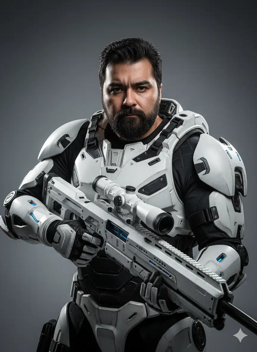 Un retrato de cuerpo medio, ultra-realista y de alta resolución (8K) de un individuo con **los rasgos faciales de la imagen de referencia provista**.

El personaje está representado como un soldado futurista de élite. Lleva una armadura de combate de exoesqueleto avanzada, predominantemente blanca con detalles y segmentos negros que acentúan las articulaciones y contornos. La armadura tiene un diseño aerodinámico y robusto, con elementos tácticos y tecnología visible.

El personaje sostiene un rifle de francotirador futurista de color blanco, grande y detallado, equipado con una mira telescópica, posicionado de forma experta como si estuviera en guardia o listo para el combate.

La iluminación es dramática, de estudio, con luces y sombras marcadas que realzan la textura de la armadura y la profundidad de la escena. El fondo es un degradado liso de gris neutro que permite que la figura principal resalte.

La expresión facial debe ser seria, enfocada y determinada.