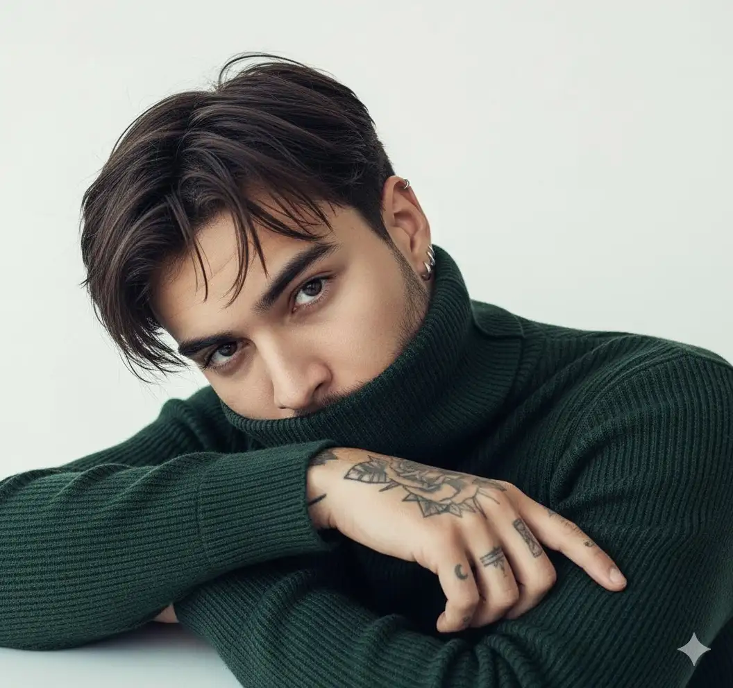 Create an image of the person in the attachment.
Be an image of a young man with natural hair color, slightly messy, wearing several small silver hoop earrings, wearing a dark green turtleneck sweater, one side of the face slumped on the arm, pulling the collar up to cover the chin and mouth, staring with deep eyes, soft light, cool tone, simple background, bright studio style, conveying a quiet mood, mysterious and interesting, high-end magazine fashion shooting
style.