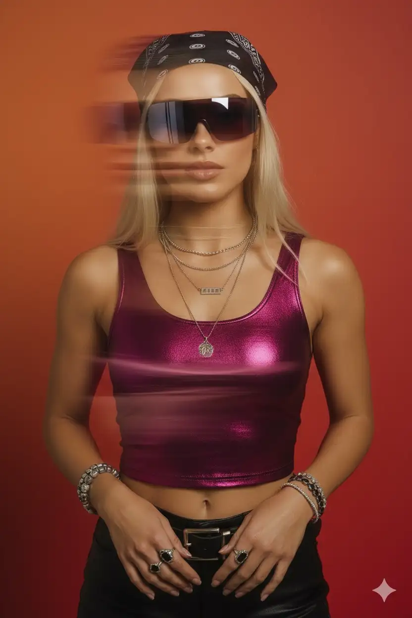 Take a photograph of A surreal, artistic portrait of a woman standing against a solid warm-toned background with an orange-red gradient. She wears a sleeveless crop top, layered necklaces, rings, and bracelets, with her long hair partially covered by a bandana. She also has large futuristic sunglasses. The lighting is dramatic and low-key, casting strong shadows for a moody atmosphere. The main effect is a horizontal motion blur applied selectively: her face and upper torso blur into stretched, ghostly streaks, while the midsection of her body is the most distorted and hazy, creating an abstract, dreamlike look. The arms and lower body remain sharper in contrast, enhancing the surreal effect. The overall mood is edgy, experimental, and cinematic. Don’t change face features