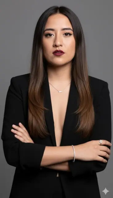 Usando mi foto, una mujer glamurosa, posa con seguridad sobre un fondo de estudio neutro. Lleva un blazer negro de corte profundo sin camisa, con un estilo atrevido y elegante. Su maquillaje es impactante, con una piel impecable, delineador de ojos definido y labial rojo oscuro. Complementa su imagen con delicadas joyas de plata: un collar fino con un colgante, una pulsera y un anillo. Su expresión es feroz y segura, irradiando sofisticación y poder. Fotografía de moda profesional, alta resolución, iluminación de estudio suave, estilo editorial, Mantén el rostro sin cambiarlo y sin modificarlo.