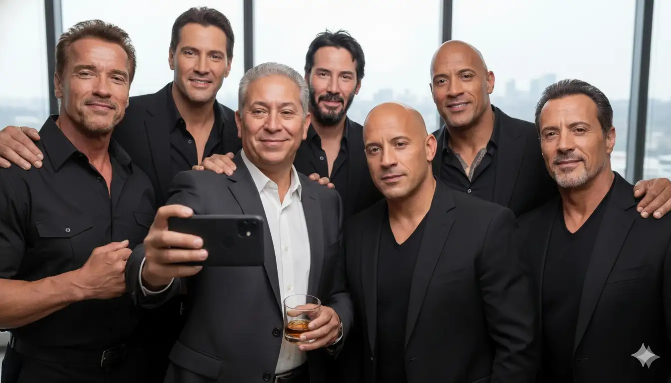 Crea una foto realista estilo selfie de mí Mantén el rostro sin cambiarlo y sin modificarlo con un grupo de estrellas de cine de Hollywood: Arnold Schwarzenegger, Jean-Claude Van Damme, Keanu Reeves, Dwayne "La Roca" Johnson, Vin Diesel y algunos otros como Jason Statham y Sylvester Stallone. W sosteniendo una bebida, con aspecto feliz y relajado, integrándose con naturalidad en el grupo.
La foto debe tener una resolución de 8K, formato selfie vertical, con una composición y expresiones faciales naturales.