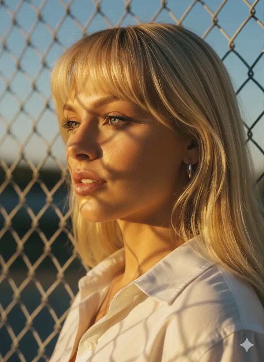 Take A sun-drenched portrait of a young woman standing in front of a chain-link fence, bathed in golden-hour light. The warm sunlight filters through the fence, casting a lattice of shadow patterns across her face, creating a moody, cinematic effect.

Her expression is calm yet intense, lips slightly parted, with a natural softness that contrasts against the sharp grid of shadows. She wears a light button-up shirt, understated and casual, with small silver hoop earrings adding a subtle metallic glint.

Her long, blonde golden haircut with blunt bangs frames her face, giving her a timeless and slightly rebellious look, reminiscent of 90s indie fashion editorials. The photo’s palette is dominated by golden yellows, muted blues, and warm skin tones, capturing the nostalgic feeling of late-afternoon summer light.

The texture is grainy and analog-like, with a filmic softness that emphasizes its vintage, Gen X-inspired vibe. It feels raw, authentic, and unpolished—like a candid moment caught on film, radiating intimacy and cool understated confidence. Don’t change face features. Side view shot