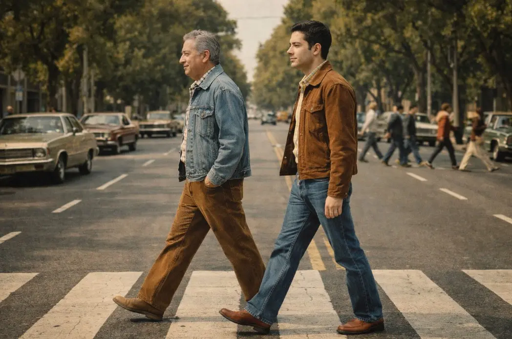 Usando mis fotos como referencia facial exacta (sin alterar ni reinterpretar los rostros), crea una escena donde dos personas caminan de perfil sobre un paso de cebra, evocando una fotografía cinematográfica inspirada en la estética de finales de los años 70.

Vestimenta auténtica de los años 70 (cortes, telas y accesorios fieles a la época).

Plano general con cámara fija a nivel de calle, composición centrada y perspectiva profunda. Fondo con autos clásicos de la época y árboles alineados; peatones secundarios con ligero desenfoque de movimiento (motion blur sutil).

Iluminación natural de mediodía, sombras suaves y definidas.

Colorimetría vintage: tonos cálidos, verdes ligeramente desaturados, contraste moderado-bajo, negros suaves.

Textura de película analógica 35mm, grano fino orgánico, ligera imperfección óptica.

Estética hiperrealista, acabado profesional, alto nivel de detalle.

Si quieres mayor control aún (para evitar resultados inconsistentes), podrías añadir parámetros técnicos como:

Lente 35mm o 50mm

Apertura f/8 para profundidad amplia

Relación de aspecto 3:2

Sin deformaciones anatómicas

Sin estilo caricaturesco