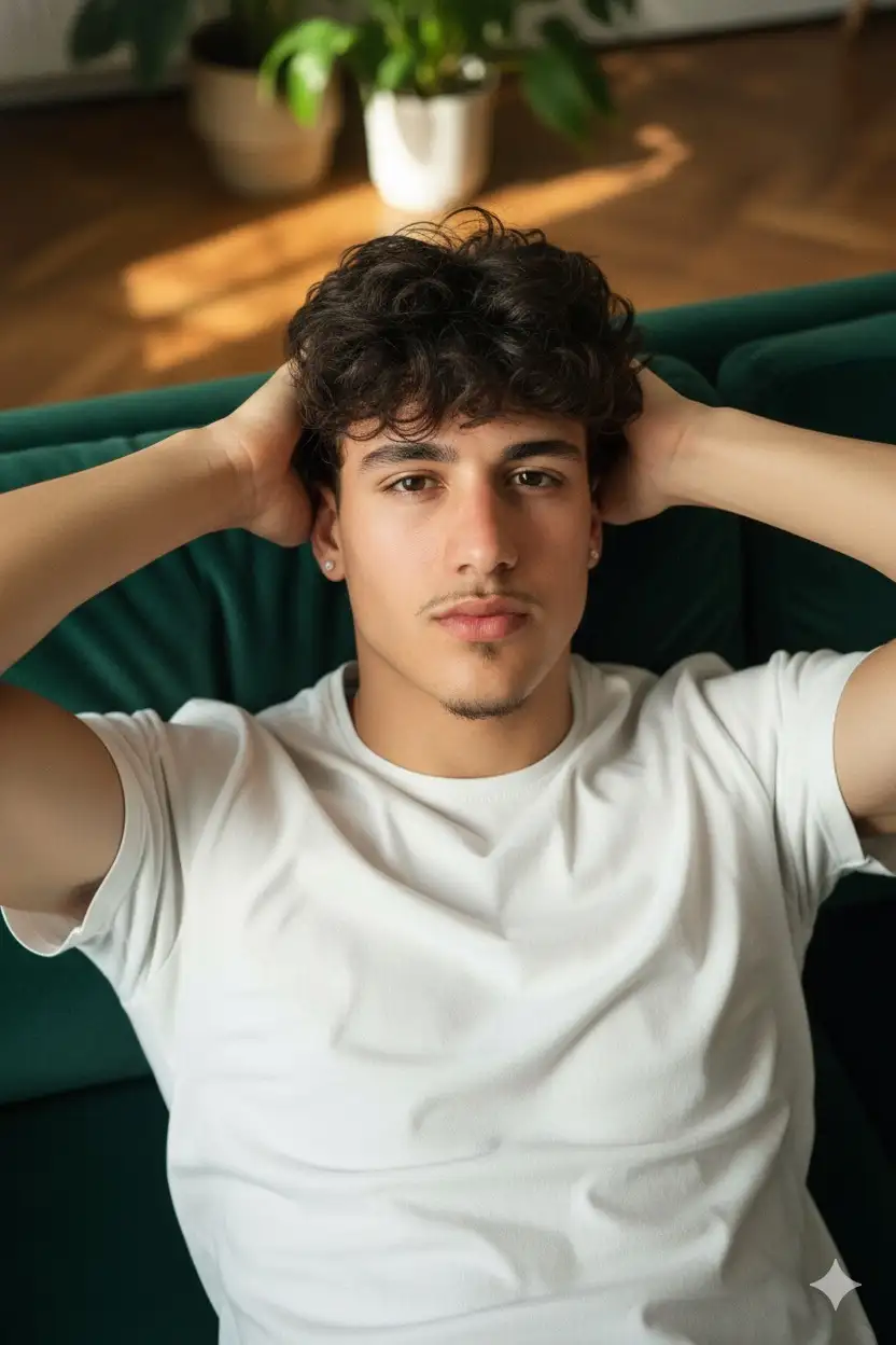 An intimate, cinematic medium close-up portrait in a warm, sunlit interior. Using the reference image as a STRICT AND NON-NEGOTIABLE source, preserve the EXACT likeness, facial structure, body proportions, and natural hair of the person.
The person is reclining against the backrest of a deep green velvet sofa, their body oriented slightly towards the camera from an elevated angle. Their arms are resting up, with their hands gently framing their head, creating a sense of relaxed intimacy. They are wearing a simple, soft white crewneck t-shirt. The pose suggests a candid, introspective moment.
The scene is illuminated by soft, warm, natural light from an off-camera window, creating gentle highlights and soft shadows. The composition uses a slight high-angle shot. A shallow depth of field keeps the person and sofa in sharp focus, while the background of a hardwood floor and indoor plants blends into a soft bokeh.
cinematic portrait, indoor photography, natural lighting, shallow depth of field, warm tones, hyperrealistic, texture of velvet, candid moment, film aesthetic --ar 4:5