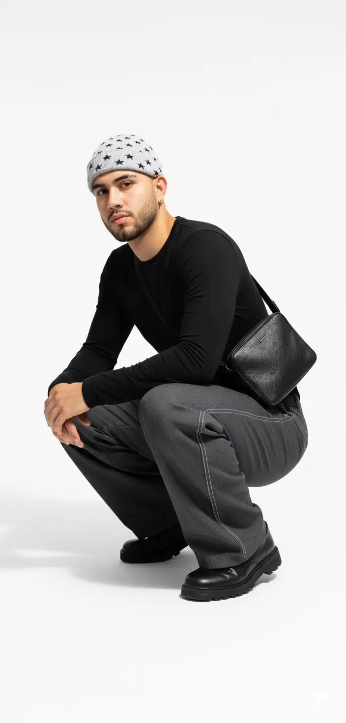 Take A vertical 9:16 fashion poster layout featuring a young man wearing a fitted black long-sleeve shirt, wide-leg charcoal gray trousers with double-stitched seams, light gray beanie with black star pattern, chunky black leather shoes, black leather shoulder bag
The background is clean white,
Render in ultra HD, cinematic lighting, soft shadows. Editorial fashion magazine poster style. He’s squatting down in his knees. Don’t change face features