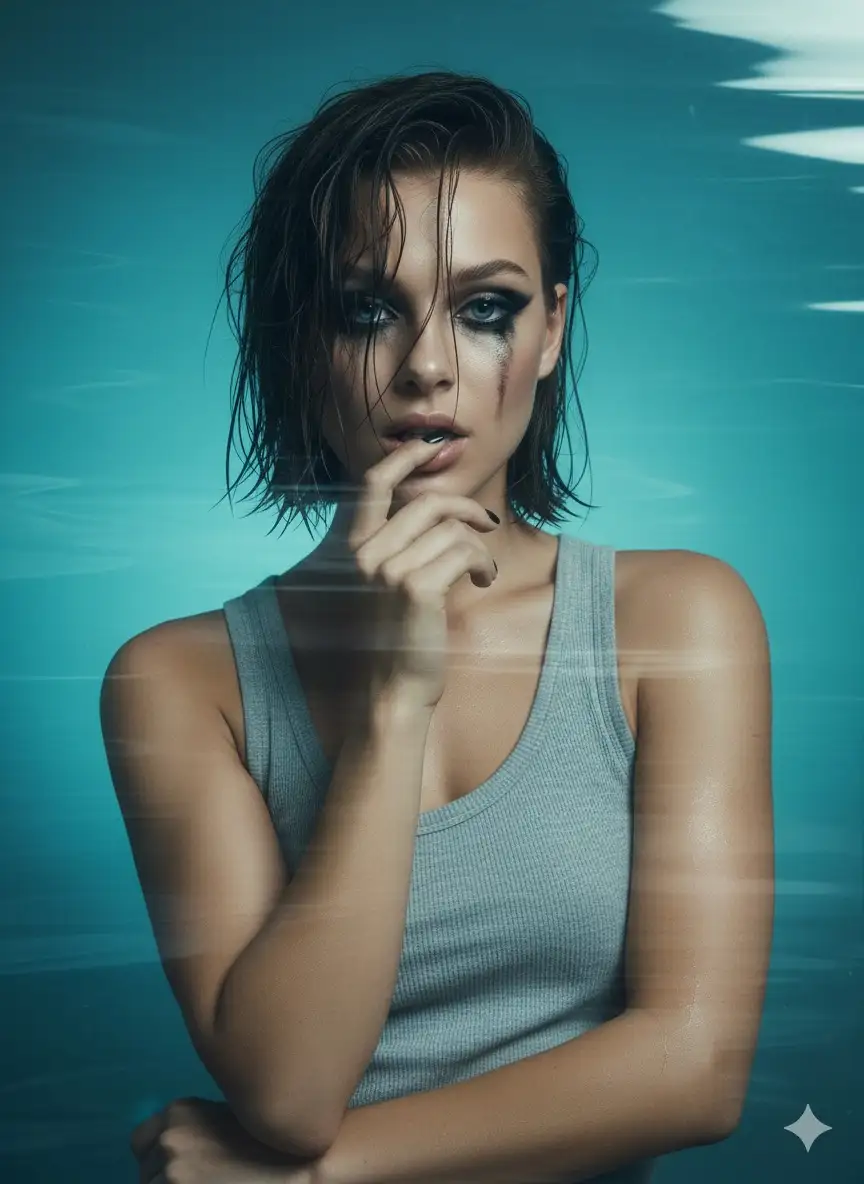 Take a moody high-fashion editorial portrait of a woman with short wet hair and smudged eyeliner, captured in a raw and vulnerable pose. She wears a loose gray tank top that reveals her collarbones and shoulders. Her hand, with black-painted nails, rests lightly against her lips, adding a sensual yet edgy mood. The background is a gradient of deep aqua blue to lighter cyan, creating a watery, ethereal atmosphere. The image features artistic motion blur and textured lighting: soft horizontal streaks ripple across the frame as if the photo were underwater or shot through frosted glass, adding depth and distortion. Light reflections scatter across her skin and face, blending with the blur to create a surreal, dreamlike aesthetic. The overall effect is grunge-meets-romantic, with muted cool tones, strong editorial drama, and a hauntingly beautiful, cinematic quality. Don’t change face features