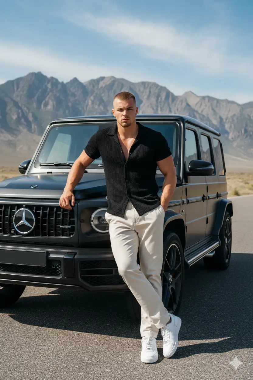 A hyper-realistic ultra-detailed 8K full-body portrait of a stylish young man (use reference face, muscular build, height 6'3) leaning casually against a luxurious matte black Mercedes G-Wagon SUV, parked on an open road with a dramatic mountain range and blue sky with scattered clouds in the background. The setting is outdoors in bright daylight, giving a cinematic and bold atmosphere. The man stands in a relaxed pose, his left arm resting casually on the car’s hood near the wheel while his right hand is slipped into his trouser pocket.
His posture is confident yet effortless, giving a composed, fashionable vibe. The angle is slightly low and full-body, with the man looking toward the camera side, adding direct engagement to the portrait. He is dressed in an all-black outfit: a textured black rolled up sleeves to his elbows button-up shirt with the top buttons left open for a casual, stylish look, paired with relaxed-fit creame trousers, he wears crisp white sneakers