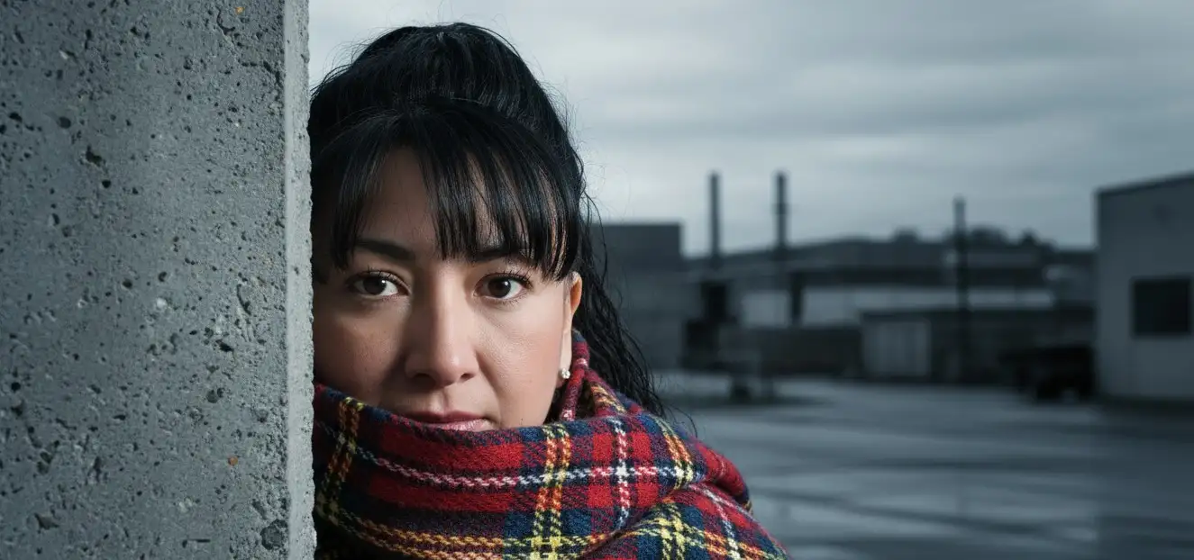 Crea una

imagen Hiperrealista con mis rasgos faciales idénticos Tiene una bufanda de cuadros (tartán) con colores rojo, azul, amarillo y blanco envuelta alrededor de su cuello.

Su rostro está en el centro de la atención, con una mirada intensa y los ojos bien abiertos.

Está parcialmente oculta detrás de una esquina o pared gris en primer plano, lo que le da una sensación de intriga o que se está escondiendo.

El fondo está desenfocado y parece ser un entorno urbano o industrial con tonos grises y blancos, lo que contribuye a una atmósfera fría y posiblemente tensa.