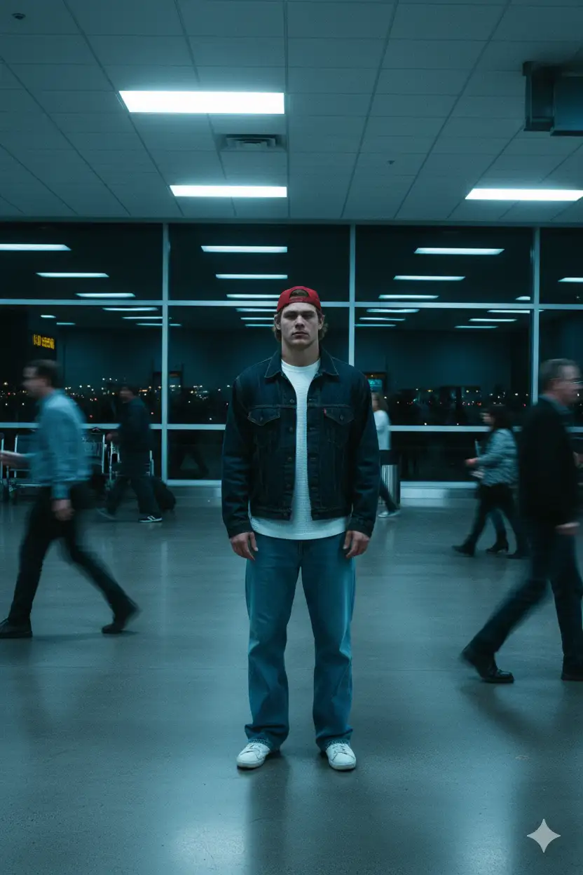 A moody portrait of me in an airport terminal with cool blue lighting, dressed in early 2000s casual club style (loose jeans, vintage jacket, layered top). People are walking past in soft motion blur, creating streaks of movement around me. The atmosphere is hazy, cinematic, and nostalgic—like a Gen X travel moment frozen in time. My features remain sharp while the crowd and environment blur into dreamy, early 00s soft club energy.