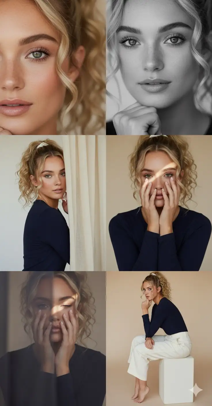 Editorial 3x3 photo grid in a clean soft beige studio. Character (matches reference 100%)
wearing lightweight dark navy shirt, ivory trousers, barefoot for raw simplicity. Lighting: large diffused key light directly front-right, silver reflector left, subtle rim from top. Shots to include:
(1) extreme close-up of lips + cheekbone with blurred hand partially covering (85mm, f/1.8, razor-thin DOF);
(2) tight crop on eyes looking into lens with reflection of light strip visible (85mm, f/2.0);
(3) black & white close portrait resting chin on fist, face filling frame (50mm, f/2.2);
(4) over-shoulder shot, blurred foreground fabric curtain framing half face (85mm, f/2.0);
(5) very close frontal with hands overlapping face, light streak across eyes (50mm, f/2.5);
(6) tight angled portrait showing hair falling into eyes, soft-focus background (85mm, t/2.2);
(7) crop of hands touching jawline, eyes cropped out (50mm, f/3.2, detail-focused);
(8) half-body seated sideways on low cube, head turned sharply away, blurred foreground (35mm, f/ 4.5);
(9) intense close-up of profile with single tear-like water droplet, cinematic light slice across (85mm, f/ 1.9).
Angles: mostly tight headshots with slight high/low tilts, maintaining variation. Capture RAW, professional muted grade, smooth tonal contrast, subtle cinematic grain. Mood: intimate, introspective, character-led editorial minimalism with delicate use of fabric as prop."