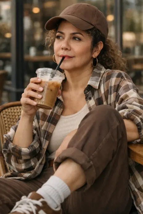 con mi foto crear un Retrato de estilo de vida ultrarrealista de una mujer esbelta y elegante sentada casualmente en una silla de madera afuera de un café moderno, pose relajada y sincera con una pierna doblada sobre la silla y la otra bajada, sosteniendo un vaso de café helado de plástico con una pajita cerca de sus labios, expresión tranquila y pensativa mirando ligeramente hacia un lado, con una gorra de béisbol marrón, maquillaje natural, atuendo casual en capas que consiste en un top corto de canalé beige, camisa de franela a cuadros marrón-crema de gran tamaño, pantalones marrones de cintura alta, calcetines blancos y zapatillas marrones, entorno de café al aire libre con ventanas de vidrio, tonos cálidos de color neutro, luz natural suave, poca profundidad de campo, texturas realistas, estilo de fotografía cinematográfica, alto detalle, estética de moda editorial. formato 9:16