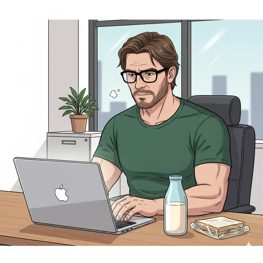 Middle-aged man (use the uploaded picture as reference for the face) with slightly long hair, black glasses, healthy body type, and a dark-green T-shirt, working on a MacBook Pro laptop in an office. A milk bottle and a sandwich are on his desk. Comic, Manga, simple.