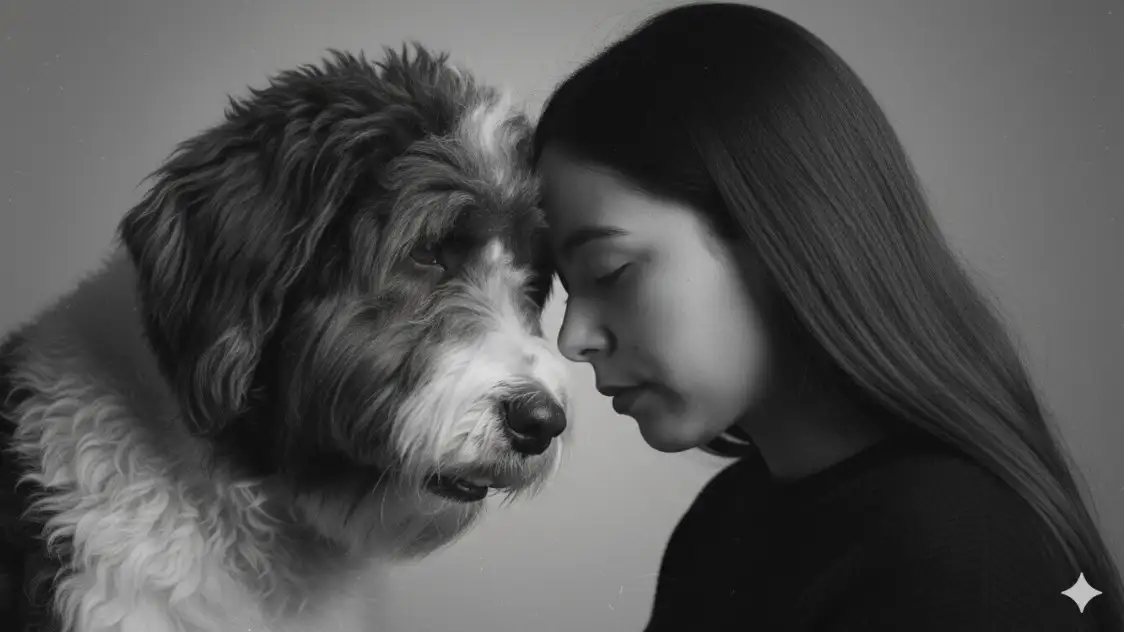 Llora un primer plano emocional en negro y blanco mostrando un humano y tu animal de estimación tocando suavemente como testas, ambos de ojos fechados y cabeças levemente inclinadas para frente en pose íntima. Utilice como fotos originales fornecidas como referencia exacta del rosto y del animal; No altere ninguna característica o característica —face_fidelity 0.8. Preserva todos los detalles naturales: proporciones faciales, textura de la piel, formato de los ojos, pelos y características del animal exactamente como no originales, sin edición ni retoque. Enquadre da testa até o pescoço, rostos próximos em foco. Utilice iluminación lateral suave cinematográfica, adición de gran tamaño de película delicada y contraste ligeramente desbotado para crear una sensación analógica atemporal. E respeite como base de fotos.