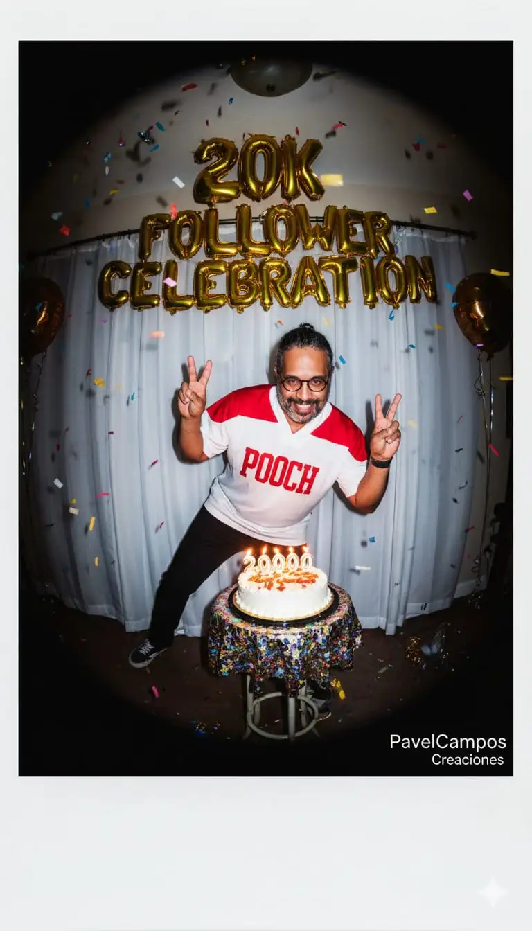 Una foto espontánea de una fiesta nocturna en interiores, estilo Polaroid, de la 'CELEBRACIÓN DE LOS 20.000 SEGUIDORES', tomada con un objetivo súper gran angular de 12 mm, con el sujeto muy cerca de la cámara. El intenso flash atraviesa la oscuridad, creando luces quemadas, destellos de luz, viñetas, grano de película, desenfoque de movimiento y tonos nítidos y sobresaturados para una apariencia natural. La misma persona de la foto de referencia (mismo rostro, peinado y vestuario) está de pie sobre una pierna en una pose juguetona de celebración, ligeramente inclinada hacia adelante con ambas manos levantadas en señal de victoria, sonriendo con entusiasmo a la cámara. Frente a él hay una pequeña mesa decorada con un gran pastel con velas de '20.000' encendidas encima. El rostro debe ser exactamente igual que en la foto subida. Fondo: cortina blanca, globos dorados de la 'CELEBRACIÓN DE LOS 20.000 SEGUIDORES', confeti de colores flotando en el aire. Ambiente: festivo, alegre, caótico, juguetón, como una instantánea Polaroid real.
