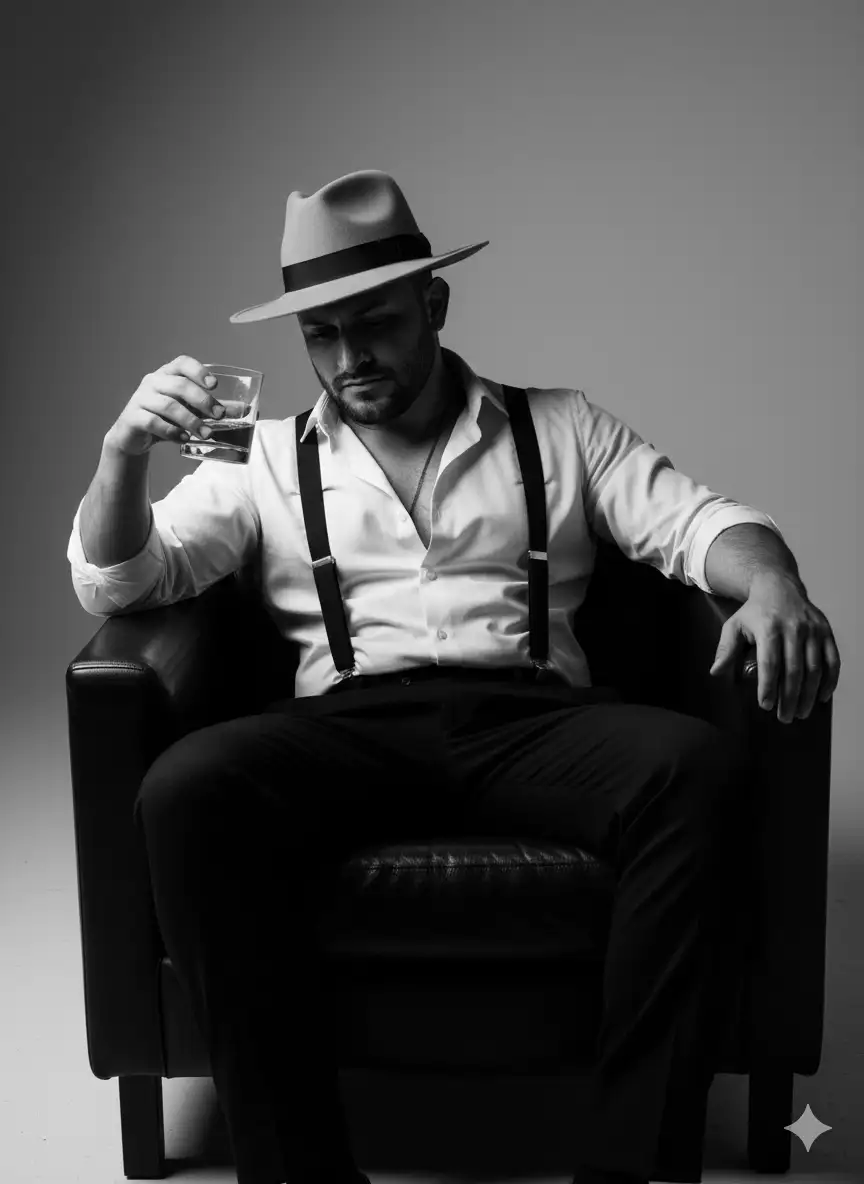 Retrato cinematográfico en blanco y negro, manteniendo mi rostro real. Estoy sentando en una pose relajada y dominante en un sillón de cuero oscuro. Mis piernas están separadas de forma natural, lo que realza mi confianza y presencia. Mi brazo izquierdo descansa pesadamente sobre el reposabrazos, sosteniendo un vaso de cristal lleno de líquido, ligeramente inclinado en un gesto informal pero autoritario. Mi brazo derecho, relajado y abierto reposa sobre el respaldo, mostrando soltura y seguridad. Llevo una camisa blanca con los botones superiores desabrochados, dejando al descubierto parte del pecho. La camisa está ligeramente arrugada, lo que le confiere un estilo robusto y masculino. Unos tirantes negros cuelgan firmemente sobre mis hombros, contrastando con la camisa blanca y aportando un toque clásico y vintage. Mis pantalones son negros, de corte entallado, en la cabeza con sombrero tipo italiano colo beige y completan el conjunto monocromático. El look combina elegancia con un toque crudo y potente. Mi cabeza está ligeramente inclinada hacia abajo y mi mirada se dirige al suelo, lo que trasmite una atmósfera melancólica e introspectiva. Mi expresión es tranquila pero intensa, encarnado una fuerza serena y masculinidad. El fondo es minimalista, sencillo y con una iluminación tenue, centrando la atención en mi y en la atmósfera dramática. Los tonos blanco y negro crean un alto contraste, realzando las textura: el brillo de la silla de cuero, la firmeza de la camisa, la suavidad del cristal y las sombras de mi cuerpo. La cámara está colocada a la altura de los ojos, encuadrando desde los muslos hacia arriba, con una distancia focal de retrato de unos 85 mm. La perspectiva crea proporciones naturales, centrando la atención en mi imponente pose sentada y el juego de luces y sombras. Estilo: cinematográfico, melancólico, fotografía en blanco y negro de alto contraste, retrato editorial de moda, estetica masculina e impactante. Mismo rostro