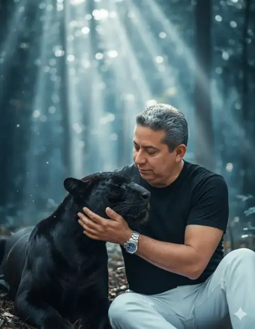 Crea un retrato hiperrealista en 8K de un hombre elegante junto a un puma negro, acariciándole la cara con cariño. Lleva una camiseta negra y pantalones blancos, y luce un reloj plateado en la muñeca. Su expresión es tranquila y concentrada, mostrando un fuerte vínculo con la pantera.