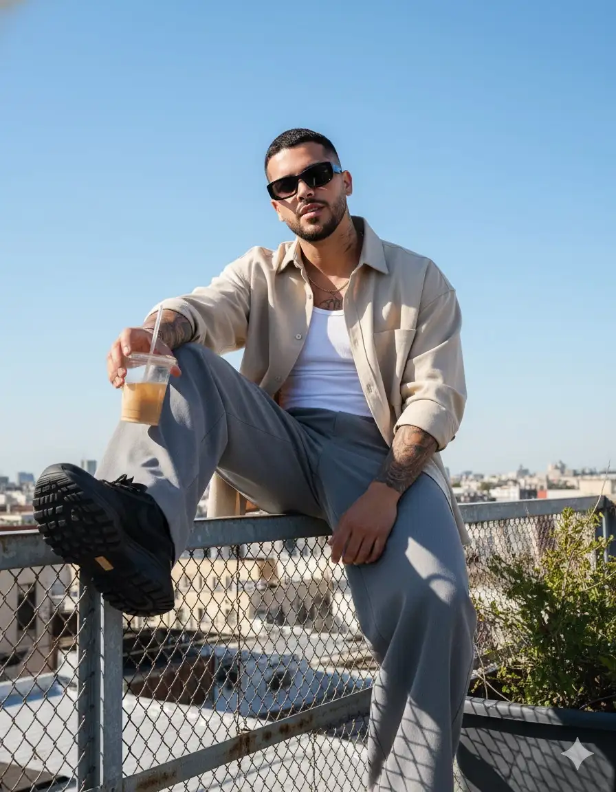 Insert the photo I uploaded into the prompt below
full-body shot of a stylish young man sitting casually on top of a metal fence, legs relaxed forward, one shoe closer to the camera lens, holding a drink cup with a straw in his hand, black hair, wearing dark sunglasses, oversized light beige shirt with rolled-up sleeves, loose gray wide-leg pants, and black chunky sneakers, bright daylight with clear blue sky, subtle greenery on the side, urban rooftop environment, low-angle perspective photography, professional DSLR, realistic fashion editorial style, sharp textures on clothing and metal fence, cinematic urban street fashion aesthetic --ar 9:16 --v 6 --style raw --q 2 --s 1000 --hd