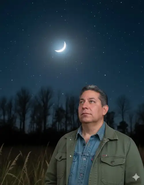 Retrato fotográfico hiperrealista de una persona de pie al aire libre por la noche, mirando hacia un cielo lleno de estrellas.
Usando la imagen de referencia como una fuente ESTRICTA, preserve la imagen EXACTA de la persona, incluyendo rasgos faciales, textura del cabello, tono de piel, ropa y postura. No estilice ni reinterprete al sujeto. Conserve todas las imperfecciones naturales (textura de la piel, pecas, asimetrías, cabellos sueltos y pliegues de la tela) para honrar su apariencia auténtica.
La persona está suavemente iluminada por la luz de la luna o la iluminación nocturna ambiental, vistiendo ropa de abrigo en capas: una chaqueta de mezclilla debajo de una chaqueta de lona verde salvia. Su expresión es contemplativa, con los ojos cerrados o ligeramente levantados hacia el cielo. El fondo presenta un cielo nocturno azul profundo lleno de innumerables estrellas y una luna brillante, con siluetas de árboles que bordean el horizonte. Las hierbas altas y las plantas silvestres en primer plano están suavemente iluminadas, agregando profundidad y textura.
La composición es vertical (relación de aspecto 3:4), encuadre de primer plano medio, con el sujeto descentrado a la derecha. La iluminación es natural y atmosférica, proyectando sombras suaves y resaltando las texturas de la piel, el cabello y la ropa. La imagen debe evocar temas de introspección, asombro cósmico y una conexión serena con la naturaleza.