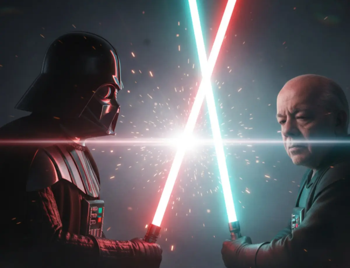 Crea una imagen cinematográfica e hiperrealista con las siguientes características:
La imagen muestra una intensa escena de duelo de sables de luz, muy probablemente de la franquicia Star Wars, entre dos figuras silueteadas.
En el lado izquierdo, la silueta oscura y masiva de Darth Vader se recorta contra la luz. Se le identifica por su icónico casco y armadura, aunque los detalles son mínimos debido a la iluminación. Sostiene un sable de luz de color rojo carmesí brillante, que se extiende hacia el centro de la imagen.
En el lado derecho, una figura cuyos rasgos corresponden a la imagen adjunta, también está silueteada pero con un halo cian.
Este personaje tiene su mirada dirigida directamente a Darth vader, concentrado en el enfrentamiento que están manteniendo. Su postura sugiere que está empuñando un sable de luz. Su sable de luz es de un vibrante color cian, que también se extiende hacia el centro de la imagen.
Los dos sables de luz chocan en el punto medio de la imagen, creando un destello brillante y blanco que irradia luz en todas direcciones. La luz del sable de luz de Vader proyecta un brillo rojizo sobre él y el entorno, mientras que el sable de luz de la otra figura ilumina la escena con un resplandor azul brillante.
El fondo es oscuro y nebuloso, con trazas de humo o atmósfera que se iluminan con los colores de los sables de luz. La composición enfatiza el choque de poderes y el momento dramático del enfrentamiento. Hay un efecto de destello de lente horizontal visible, especialmente en el sable de luz azul, que añade un toque cinematográfico.
Crea la imagen manteniendo completamente íntegros todos los rasgos físicos y corporales del rostro de la foto adjunta.
