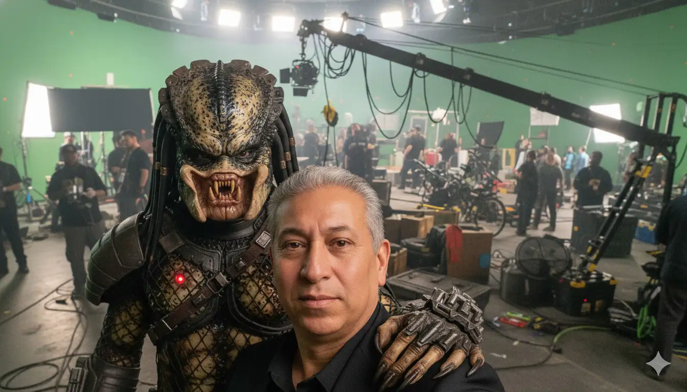 Tómate un selfie de cerca de un hombre (usando el rostro de la foto adjunta, 100 % idéntico), con una chaqueta negra. Posa con Depredador a la izquierda, con la mirada fija en la cámara. El fondo es un set de rodaje de acción con mucho equipo. La calidad de la foto es HD y granulada; no distorsiones sus rostros.
