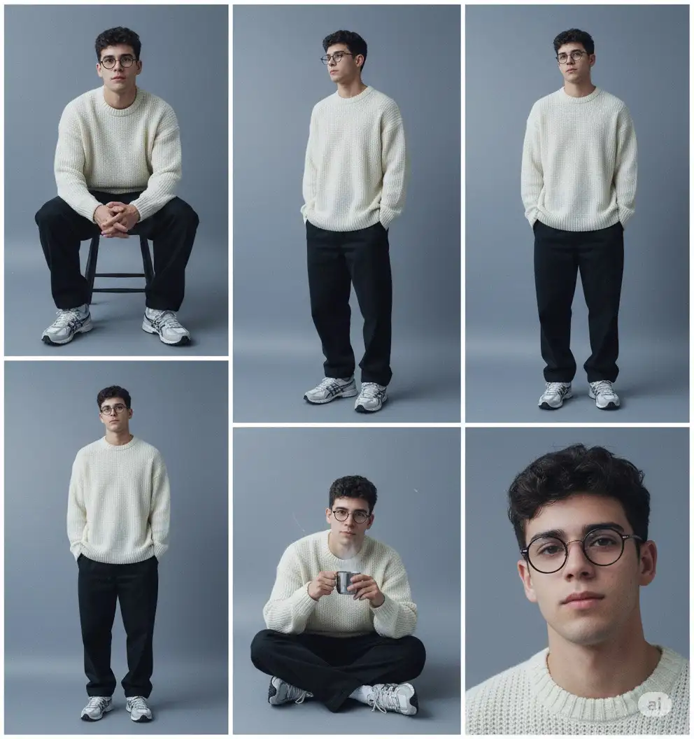 Do not change the face in the reference, it must be 100% identical to him (the uploaded photo). Edit the reference photo into a six-panel vertical portrait collage of the same young man. Overall mood: cool analog film aesthetic, soft blue-gray tones, fine grain, calm and peaceful atmosphere. Background: soft gray-to-pale blue gradient, slightly textured like old film. Clothing: oversized knitwear (uploaded photo), paired with loose black baggy pants, silver-white Asics Kahana Gel shoes, small round vintage glasses with black frames, and black lenses.