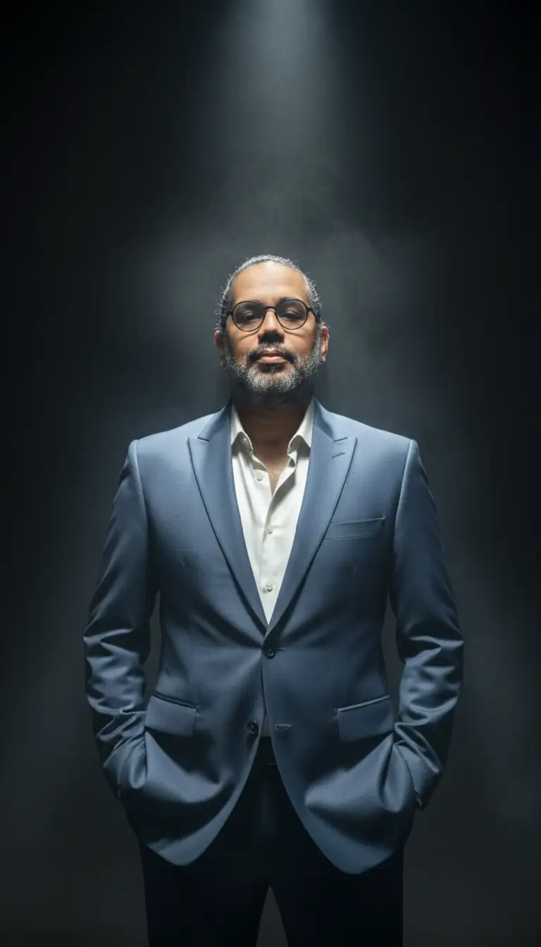 Manos en los bolsillos: autoridad relajada. Un retrato editorial cinematográfico hiperrealista de la persona subida (conservando el rostro al 100%). Se yergue en un estudio oscuro y melancólico, de frente a la cámara, rodeado de una suave columna de humo bajo un foco dramático. Atuendo: traje de lujo azul pizarra, con una camisa de seda blanca ligeramente desabrochada, hombros relajados, expresión segura y la cabeza ligeramente inclinada hacia arriba.