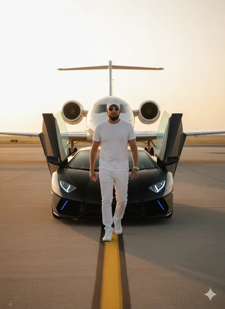 Generar una imagen realista, no caricaturizada ni sensación plastica. Yo estoy de pie y caminando directamente hacia la cámara, sobre un aeródromo al atardecer
Mantener mis rasgos faciales para que se vea real
Mi vestimenta sería completamente de blanco , incluida mi gorra blanca y lentes blancos de sol.
​Elementos de Lujo y Fondo
​El hombre está situado directamente delante de un Lamborghini de lujo de color negro. El coche tiene un diseño muy agresivo y futurista, con puertas de tijera o "alas de gaviota" completamente abiertas, lo que le da una apariencia dramática y ancha. Las luces delanteras del coche tienen detalles de luces LED azules encendidas, que contrastan con la carrocería oscura.
​Detrás del coche y del hombre, en el fondo, se encuentra un avión privado o jet ejecutivo de tamaño considerable, con un fuselaje de color claro, probablemente blanco o plateado. Se aprecian claramente sus dos motores montados en la parte trasera del fuselaje, uno a cada lado. El jet está posicionado de tal manera que enmarca la figura del hombre y el coche, contribuyendo a la sensación de opulencia.
​Iluminación y Ambiente
​La escena está bañada por la luz cálida y dorada de un atardecer o amanecer. El sol está bajo en el cielo, proyectando una luz suave que realza el brillo de la pintura del coche y del azul de la camiseta. La iluminación es intencionalmente dramática, con un buen manejo de las sombras y las luces para hacer que el hombre y los vehículos destaquen. El suelo es asfalto de pista, y hay una línea de pintura amarilla pintada en el centro, sobre la que camina el hombre.
​En conjunto, la imagen transmite una fuerte sensación de éxito, lujo y alto poder adquisitivo.