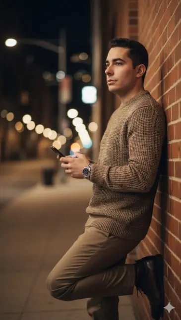 Un retrato cinematográfico hiperrealista de la misma persona de la selfie subida, utilizando sus rasgos faciales exactos: misma forma de rostro, mandíbula, ojos, nariz, labios, tono de piel y expresión natural.
El sujeto posa exactamente igual que en la imagen de referencia, apoyado despreocupadamente contra una pared de ladrillo rojo texturizado, con el cuerpo ligeramente ladeado, una pierna flexionada y el pie apoyado en la pared. Sostiene un teléfono inteligente con ambas manos a la altura del pecho y mira pensativo a la distancia.
Lleva un acogedor suéter de punto marrón y beige, pantalones a juego y zapatos de cuero oscuro, con el estilo de un modelo profesional. Lleva un reloj de pulsera plateado en la muñeca.
La escena transcurre en una calle urbana de noche, con las cálidas luces doradas de la ciudad de fondo, creando un intenso efecto bokeh cinematográfico. El fondo está suavemente desenfocado, mientras que el rostro se ve ultranítido.
La iluminación es suave, natural y favorecedora, resaltando la textura realista de la piel y los detalles faciales.
Ultrarrealista, calidad DSLR, baja profundidad de campo, gradación de color cinematográfica, fotografía de moda profesional, resolución 4K, alto nivel de detalle, sombras realistas, sin distorsión. Relación de aspecto 4:5. 100 % de uso de la imagen de referencia que subí.