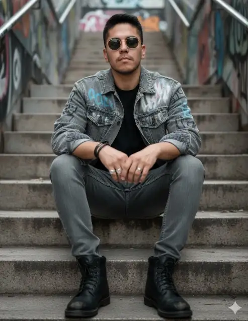 La estructura facial, la anatomía ósea, los ojos, el color de ojos, el tono de piel, el cabello y el vello facial natural, 100 % precisos, crean un retrato urbano ultra realista de un hombre sentado en una escalera de hormigón desgastado, con un estilo editorial de moda. Se encuentra en el centro de la escena, con una postura relajada y segura, con los brazos apoyados en las rodillas y las manos visibles con anillos de plata y pulseras de cuero en las muñecas. lleva gafas de sol redondas de montura fina dorada. Lleva una chaqueta vaquera gris holgada con grafitis, una sencilla camiseta negra debajo, vaqueros grises descoloridos a juego y botas negras resistentes y desgastadas, que transmiten un estilo rebelde y moderno. La escena está capturada en una vieja y desgastada escalera de hormigón urbano, con paredes laterales cubiertas de grafitis difuminados, lo que le da profundidad. La iluminación es suave y natural, resaltando el contraste de la ropa gris sobre el fondo neutro. El estilo fotográfico es cinematográfico, con un enfoque nítido en la modelo y un fondo ligeramente desenfocado (bokeh), lo que transmite un estilo dramático, elegante y seguro. Estilo: Editorial de moda urbana, realismo fotográfico. Calidad: 8K, ultradetallada, textura realista de piel, cabello y ropa. Objetivo: DSLR 50 mm f/1.8, baja profundidad de campo. Núcleos: predominan los tonos fríos y neutros, con un sutil contraste. Atmósfera: moderna, atrevida, urbana y elegante.