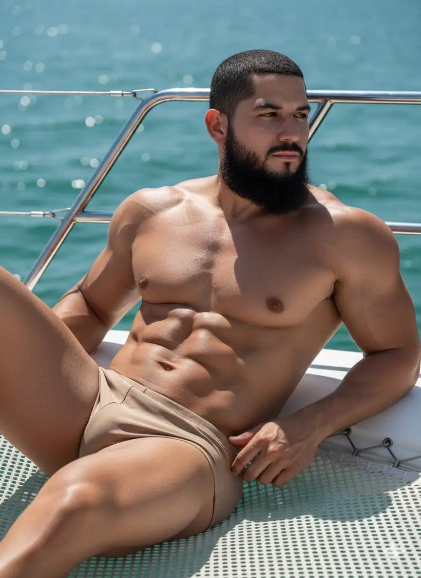 Use my attached reference photo as the base.
Subject & Body:
- The man must look identical to the reference photo (face, hairstyle, body proportions, skin tone).
- Fit and muscular, with visible abs, arms, chest, and leg definition.
- Realistic body details: pores, slight pigmentation, veins, natural shadows.
- Skin should appear sunlit with subtle sheen from outdoor light.
Pose & Movement:
- Follow the reference exactly: reclining against the boat railing, one leg bent forward, other relaxed.
- One arm resting back, the other hand naturally placed on the mat.
- Head turned slightly to the side, gaze looking away.
Wardrobe:
- Match reference precisely: light brown swim briefs.
- Do not add or remove clothing beyond what appears.
Environment & Background:
- Outdoor yacht deck scene with metal railing and white mesh surface.
- Blue-green ocean water in the background with natural reflections.
- Keep perspective from low angle, focused on the man with water clearly visible.
Atmosphere & Lighting:
- Bright daylight, strong but natural sunlight.
- Realistic highlights on muscles from the sun.
- Balanced shadows across the body and boat surface.
Technical Requirements:
- Ultra high resolution, 8K photorealism.
- Camera angle and perspective identical to the reference.
- No AI artifacts, distortion, or extra objects.