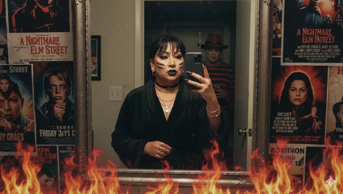 Crea una foto mía en un retrato de estilo grunge, de pie frente a un espejo de baño retro con la habitación en llamas detrás. Luce un labial negro, un maquillaje glamuroso y delineador negro, y una bata de gamuza negra. Maquillaje por todas partes. Uñas negras y largas. Lleva joyas delicadas, como una gargantilla negra, accesorios y anillos dorados gruesos. Su maquillaje es glamuroso con un look oscuro. Sostiene un teléfono retro grande. La foto debería tener un estilo granulado de los 90. Las paredes deberían estar llenas de carteles de películas de terror. Un hombre está de pie detrás de ella en la puerta, vestido como Freddy Krueger, en una puerta tenuemente iluminada.